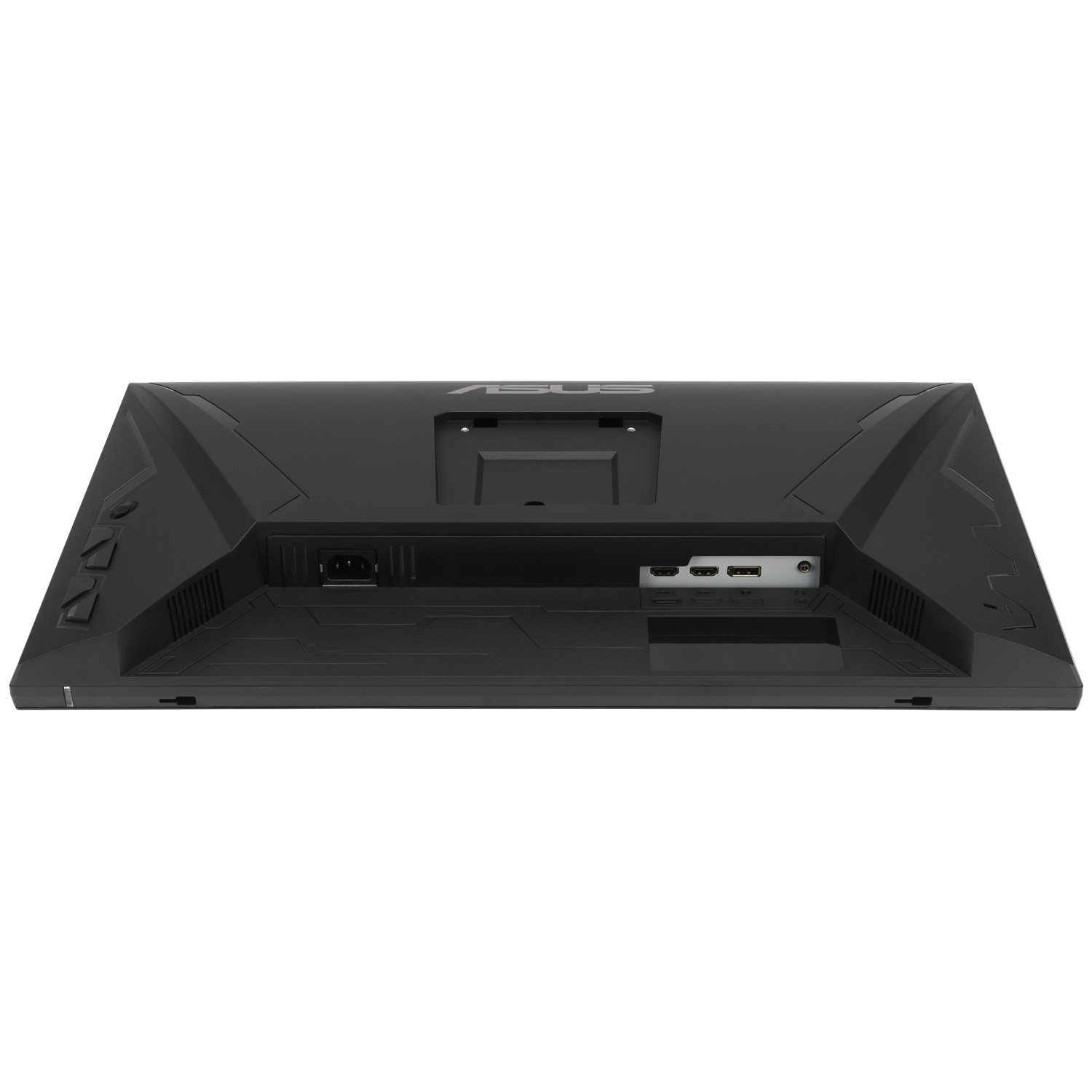 Vue arrière d'un moniteur ASUS noir. Il montre les ports, l'entrée d'alimentation et le logo ASUS. L'écran est incliné.