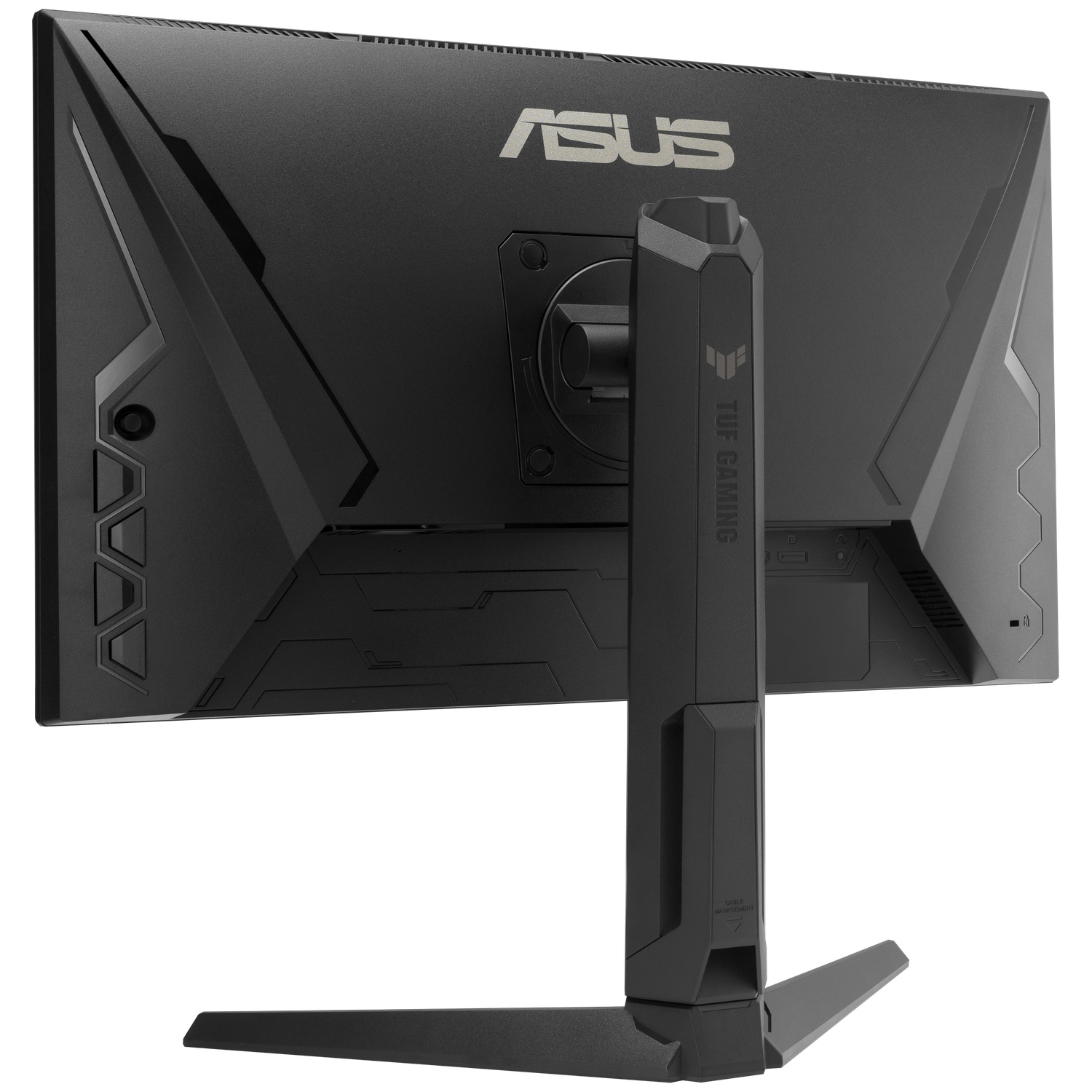 Un écran ASUS TUF Gaming noir est montré de dos. Il possède un pied et le logo ASUS est visible.