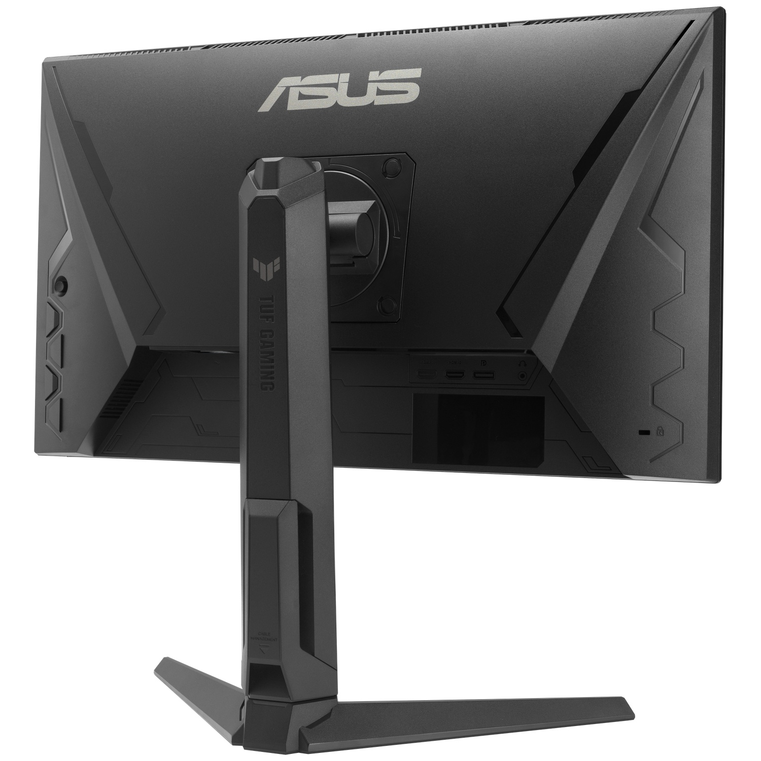 Vue arrière d'un moniteur ASUS TUF Gaming noir. Il possède un pied, des ports et le logo ASUS. Le design est angulaire.