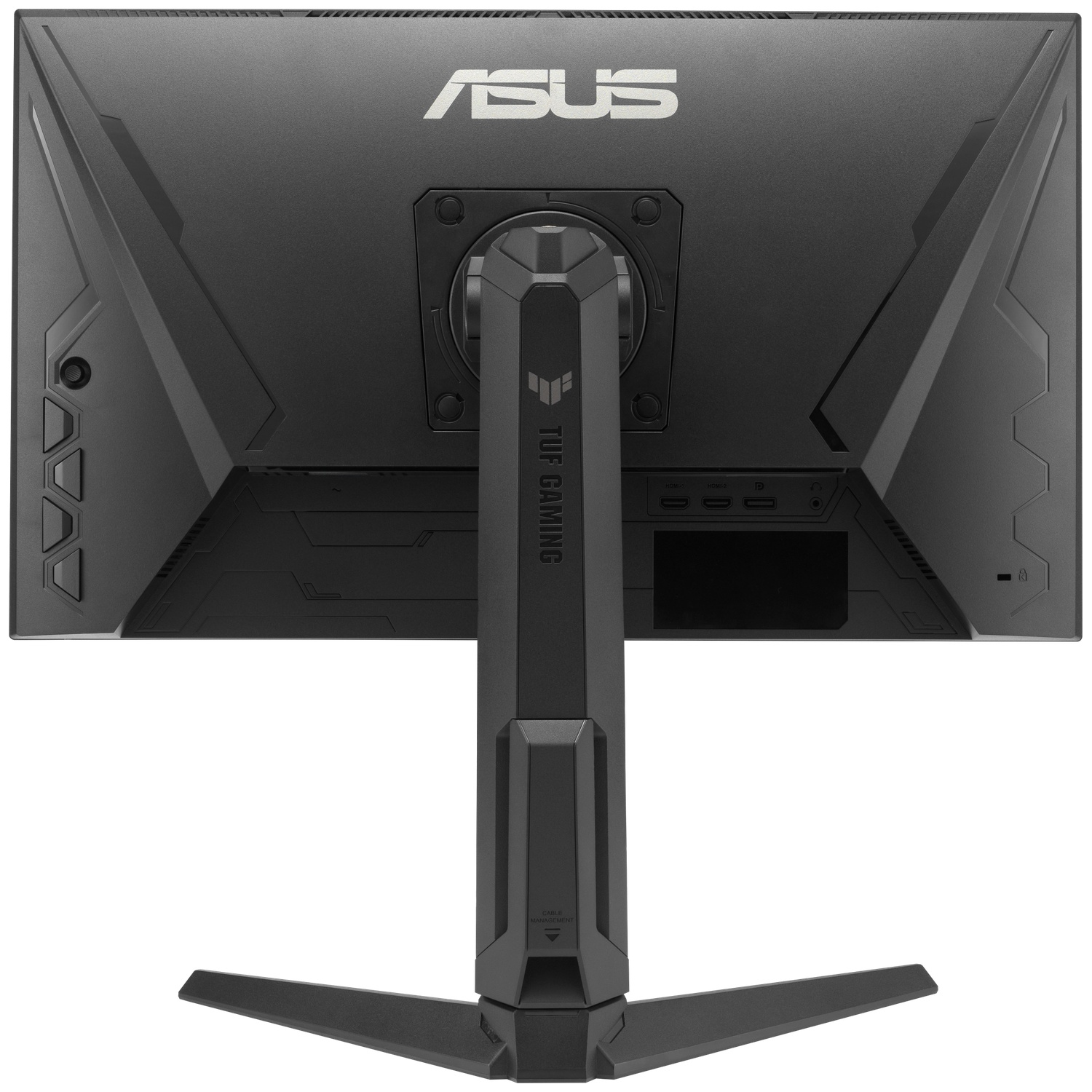 Vue arrière d'un moniteur ASUS TUF Gaming noir. Il possède un pied, des ports et le logo ASUS en haut.