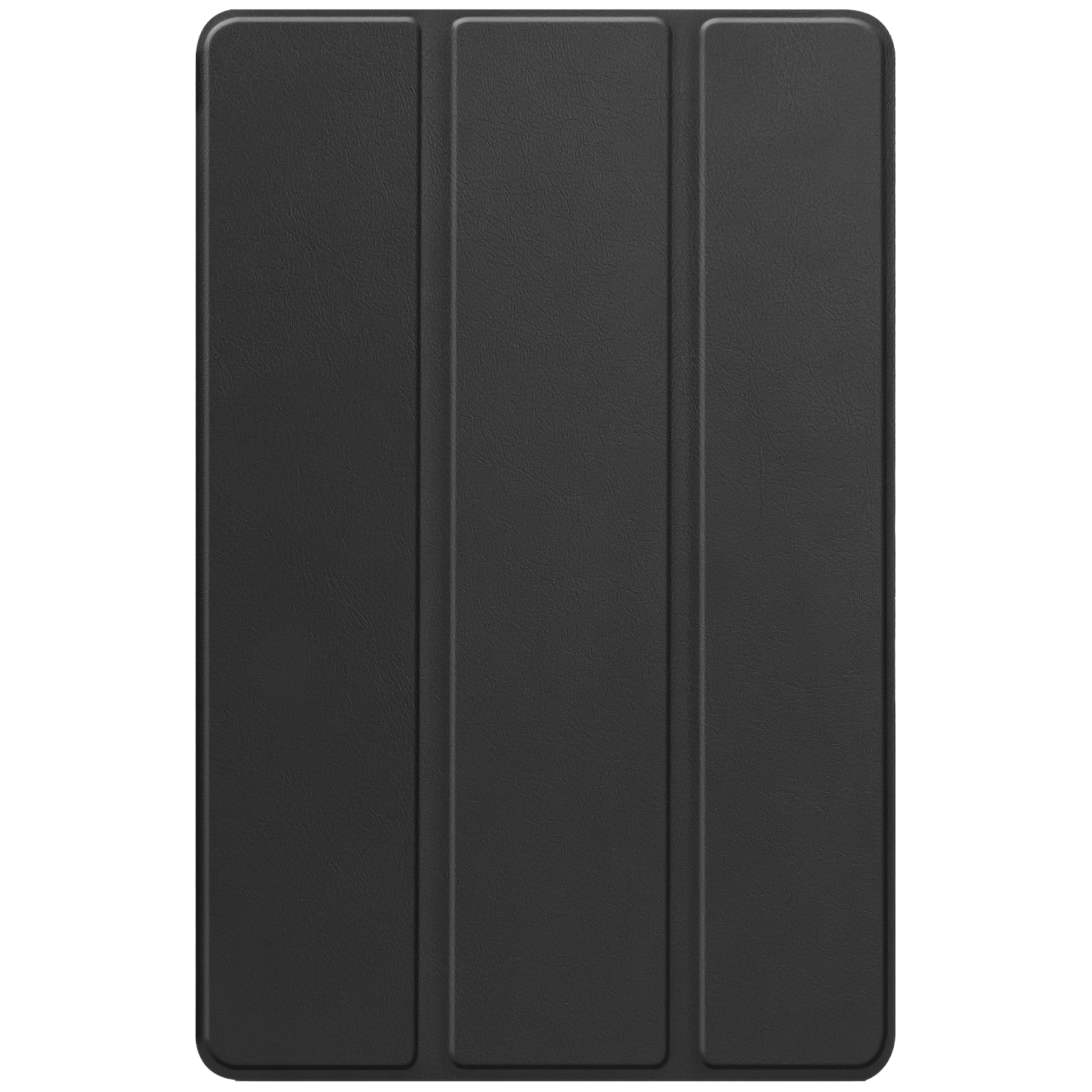 Een zwarte tablethoes met een getextureerd oppervlak, met drie panelen. De hoes is gesloten en rechthoekig.