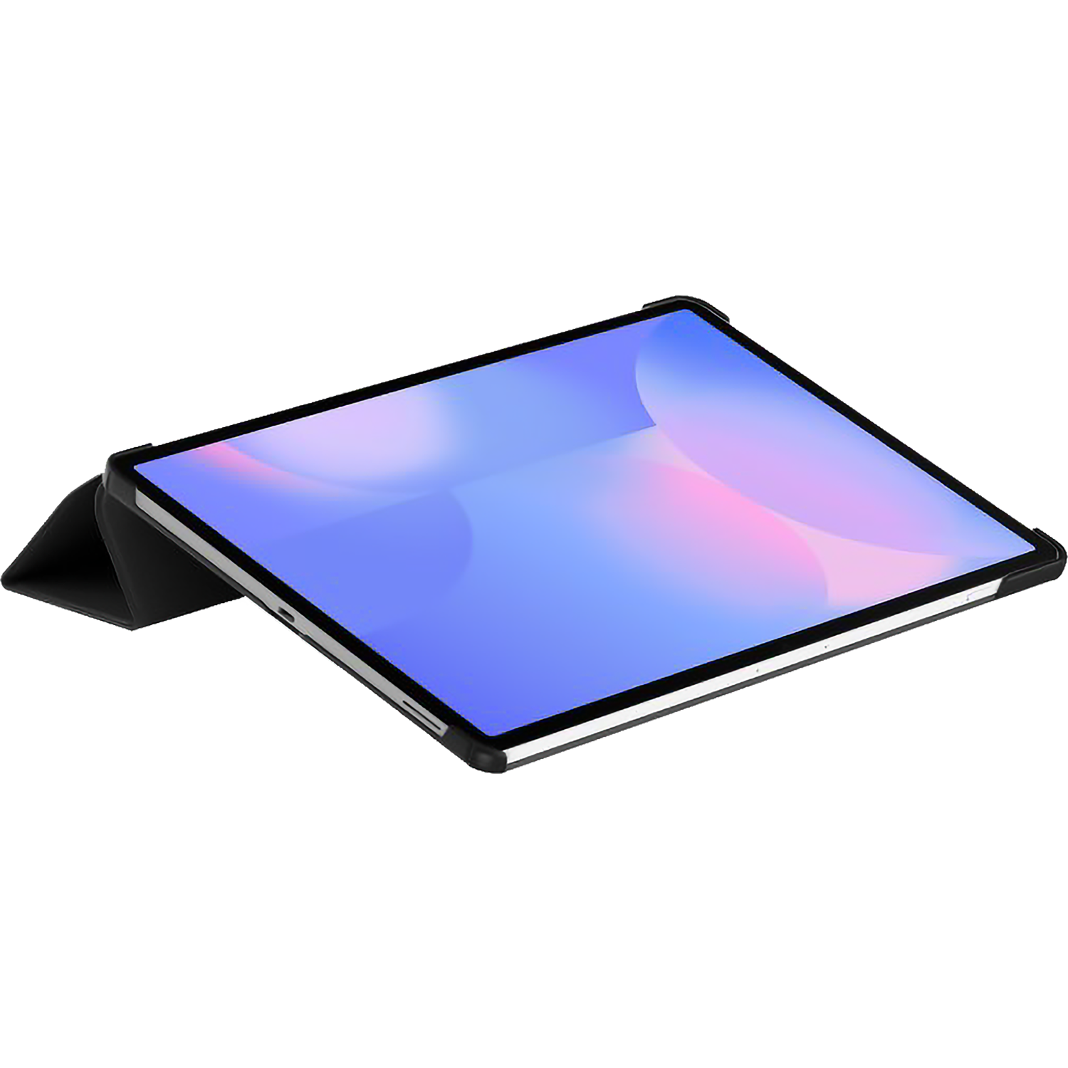 Een tablet met een blauw en roze scherm in een zwarte hoes, iets omhoog gekanteld. De hoes is opgevouwen om hem te ondersteunen.