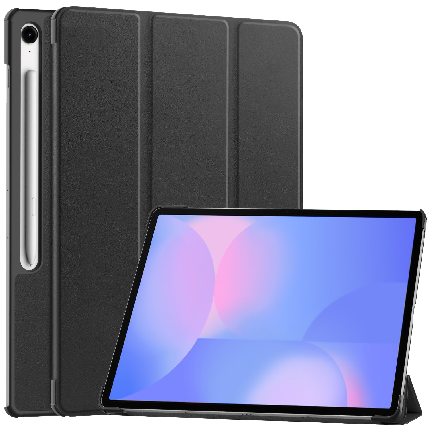 Tablet met zwarte hoes en stylus. Het scherm toont een blauw-roze verloop. De hoes is opengeklapt, ondersteund.