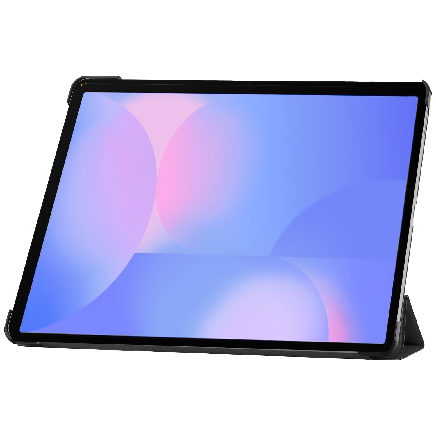Een tablet in een zwarte hoes, scherm met een blauwe en roze gradiënt. De hoes is opengeklapt en omhoog gekanteld.