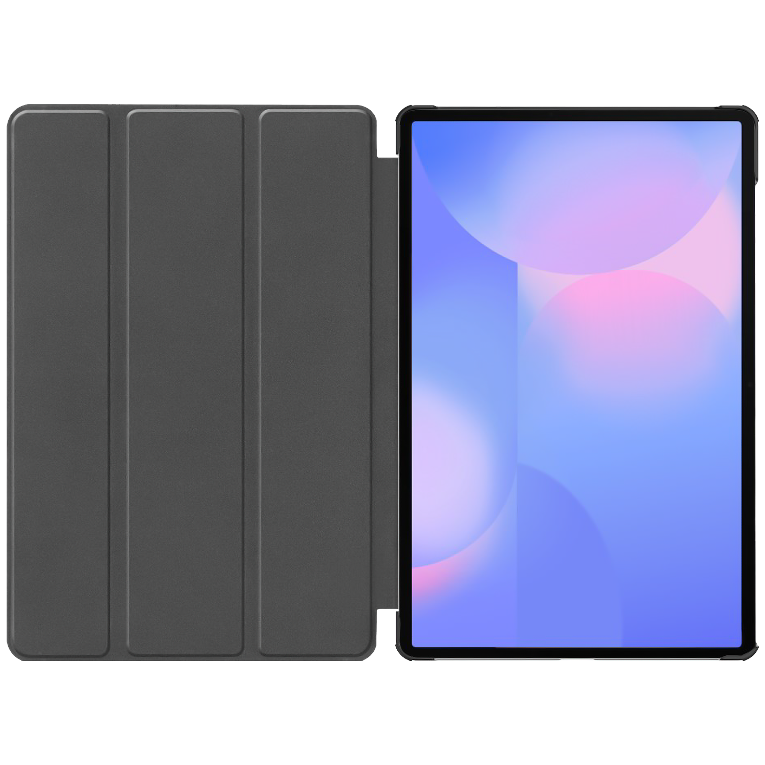 Tablet met open donkergrijze hoes. Het scherm toont een blauw en roze abstract ontwerp.