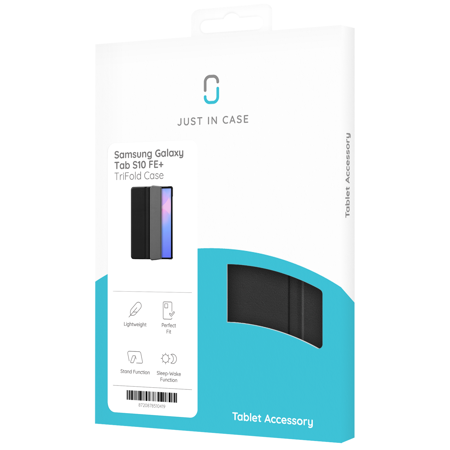 Een tabletcase doos met tekst en iconen. De doos is wit met een blauw accent. Het merk is Just in Case. De case is voor Samsung Galaxy.