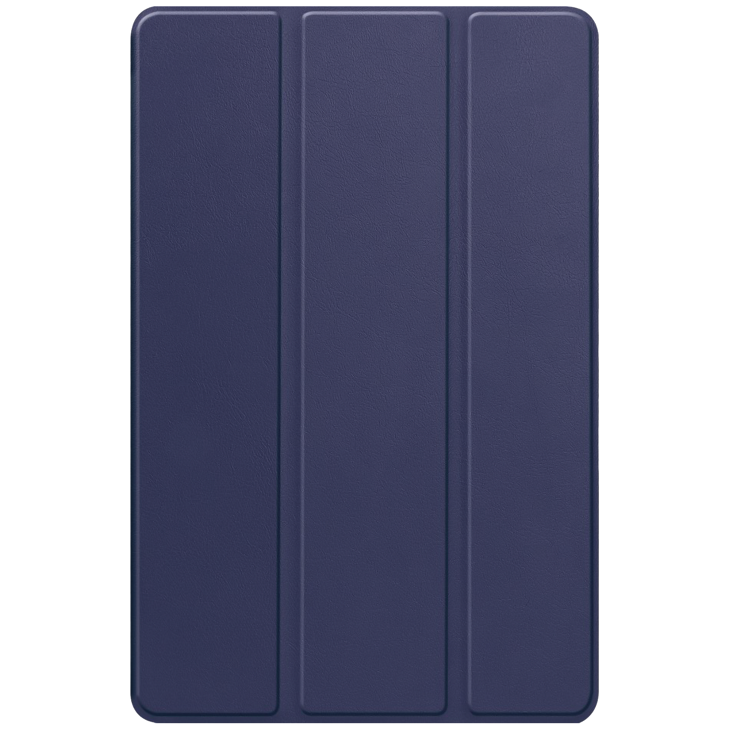A close-up of a navy blue tablet case. The case has three sections with a textured surface and rounded corners.
