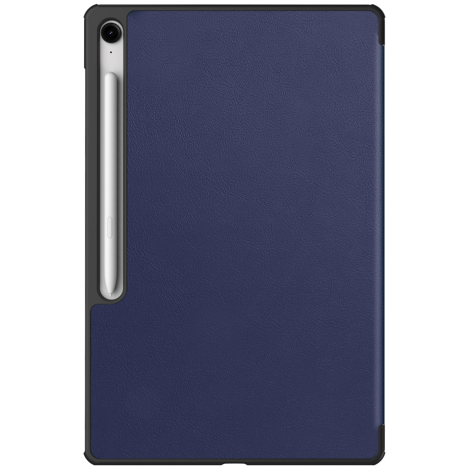 A blue tablet case with a black frame. A silver stylus is attached. The case has a textured surface.
