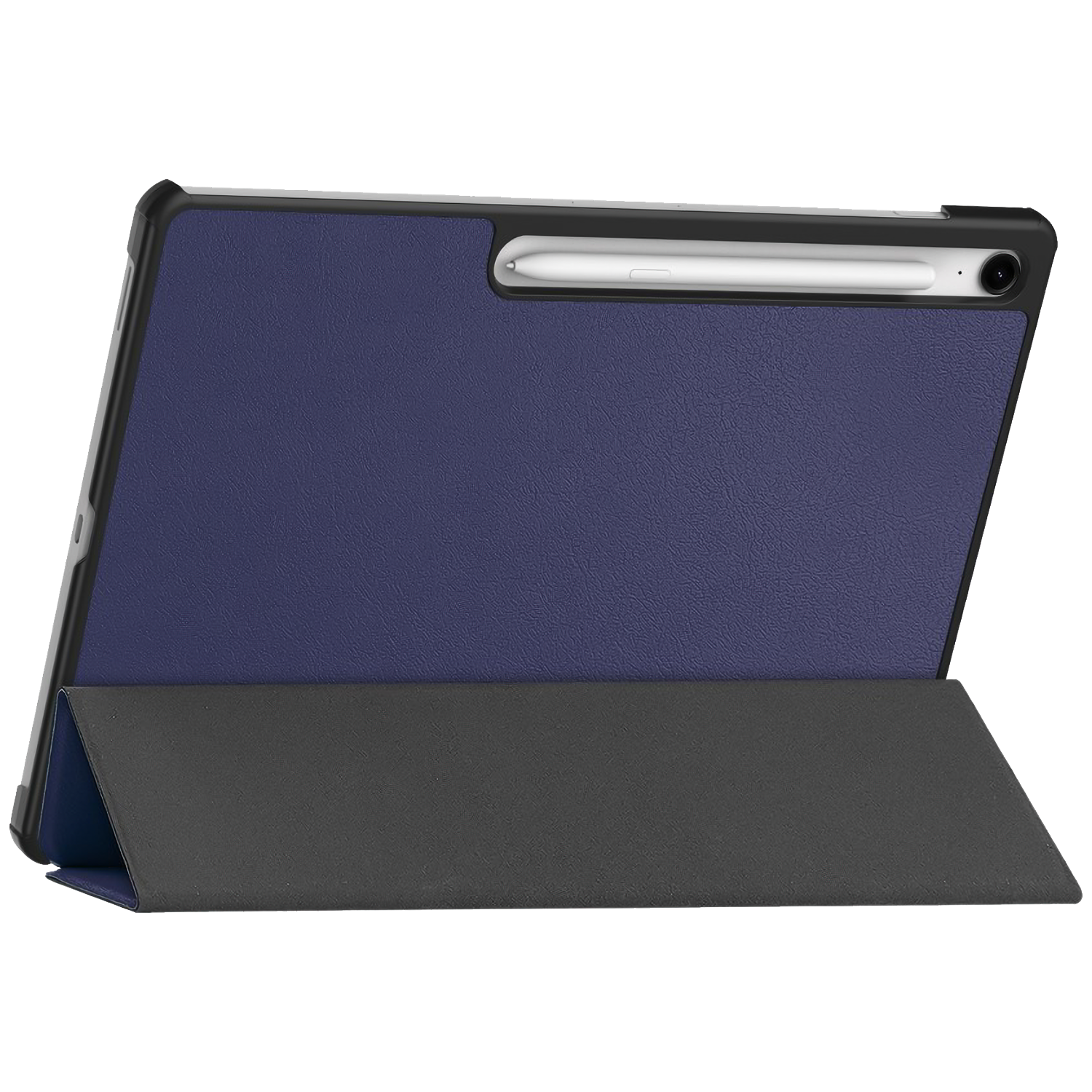 Tablet in a blue case with a stylus. The case is open and black on the bottom. The tablet screen is navy blue.