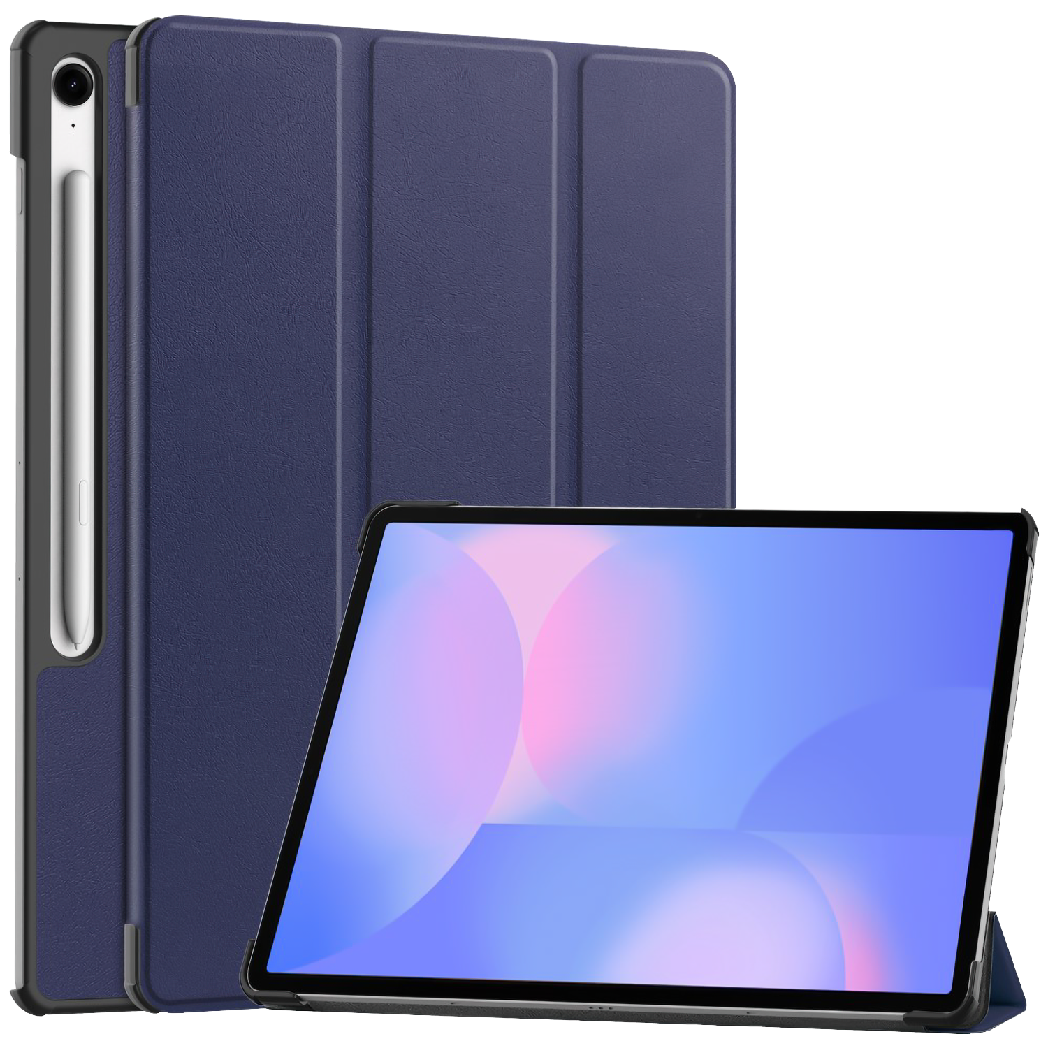 A tablet with a blue case, and a stylus. The case is open, showing the screen. The background is white.