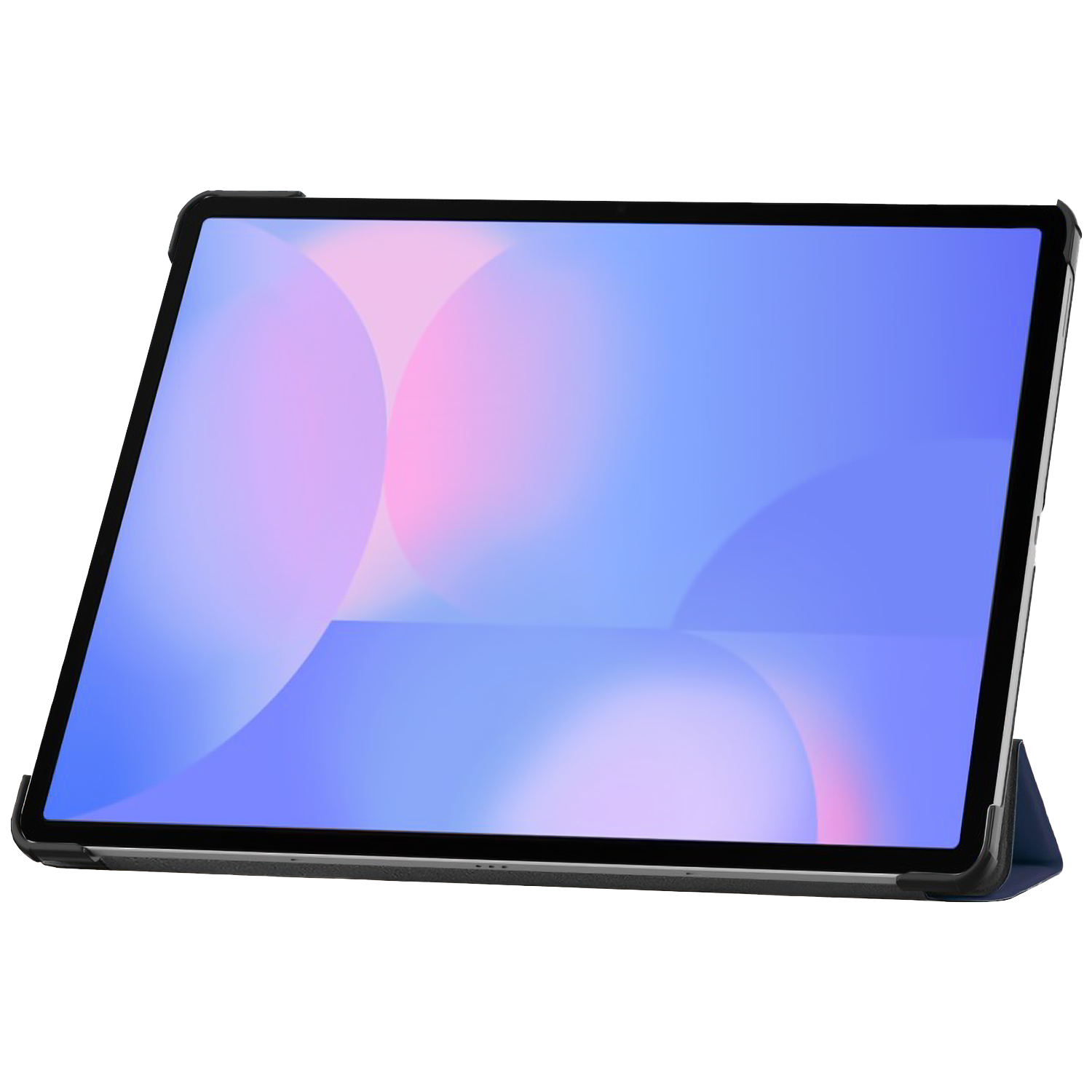 Tablet in a case. The screen displays a blue and pink gradient. Black case with a blue stand. White background.