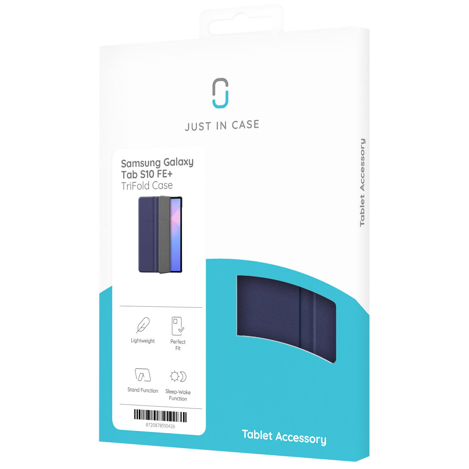 A product box for a Samsung Galaxy Tab S10 FE+ TriFold Case. Features the case and its key features on a white and turquoise background.