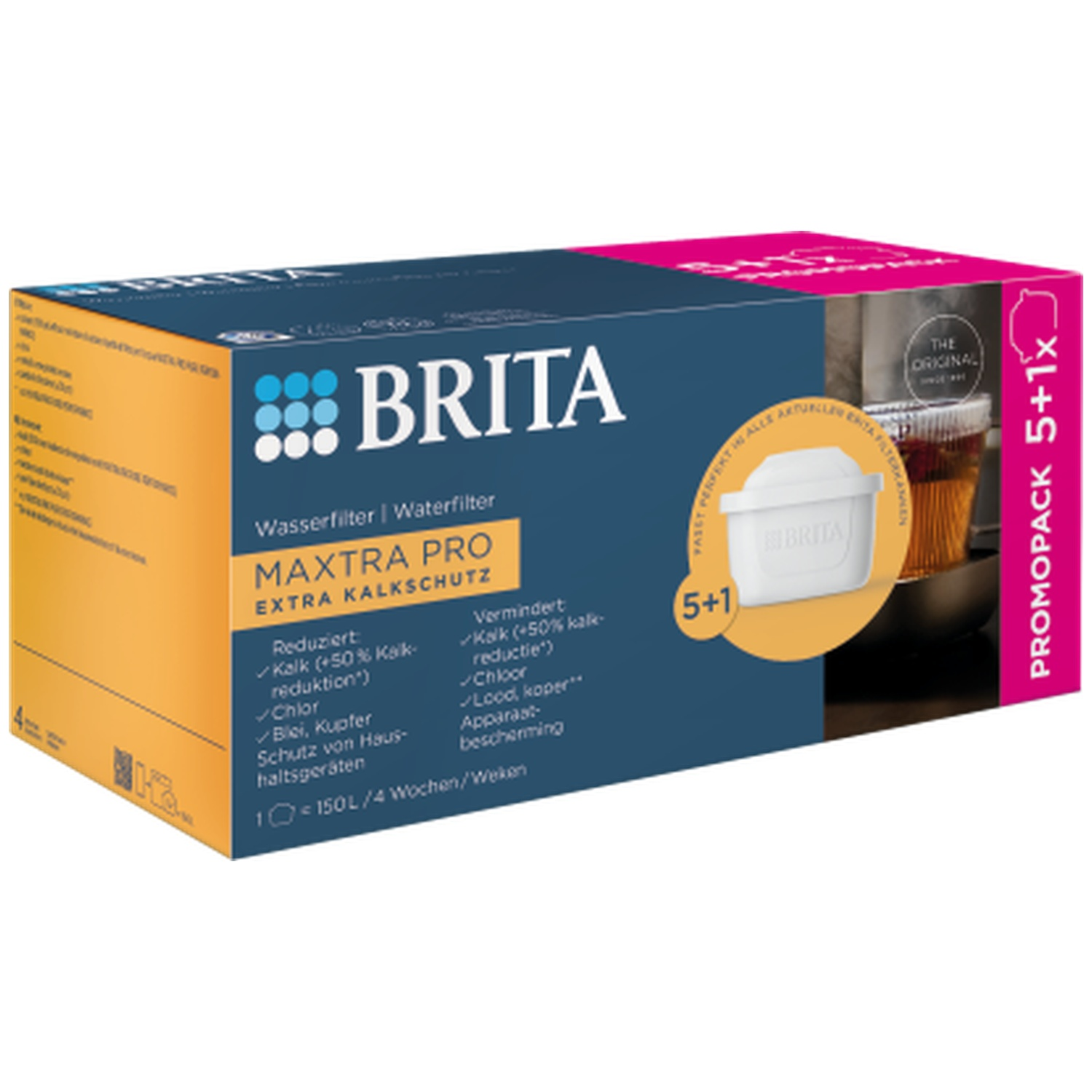 Een Brita waterfilterdoos. Er staat 'MAXTRA PRO' en 'EXTRA KALKSCHUTZ' op. Het heeft een wit filter en een theekopjesafbeelding.