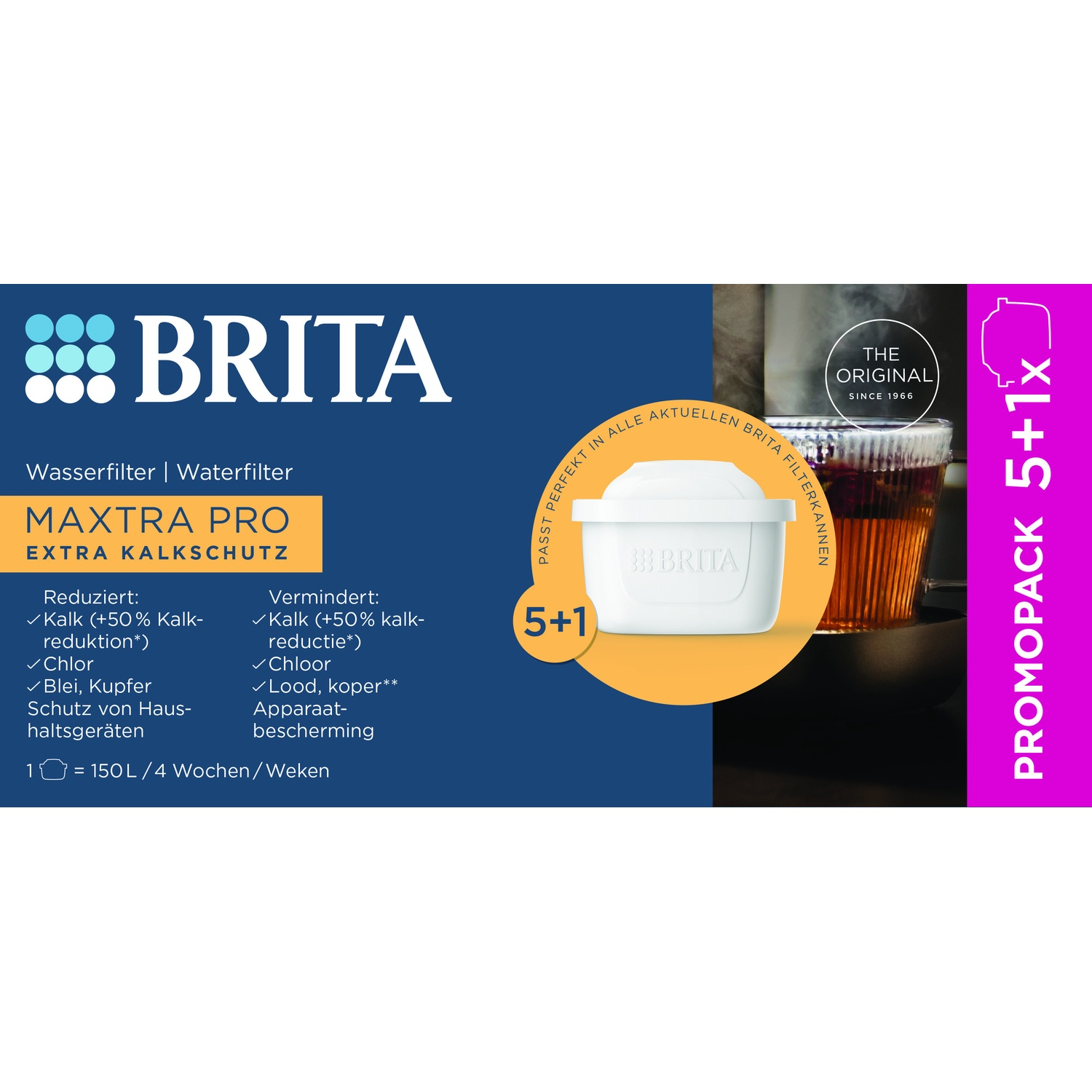 BRITA waterfilter productverpakking met een filter, een glas thee en promotietekst. Bevat een tekst met de tekst: MAXTRA PRO.
