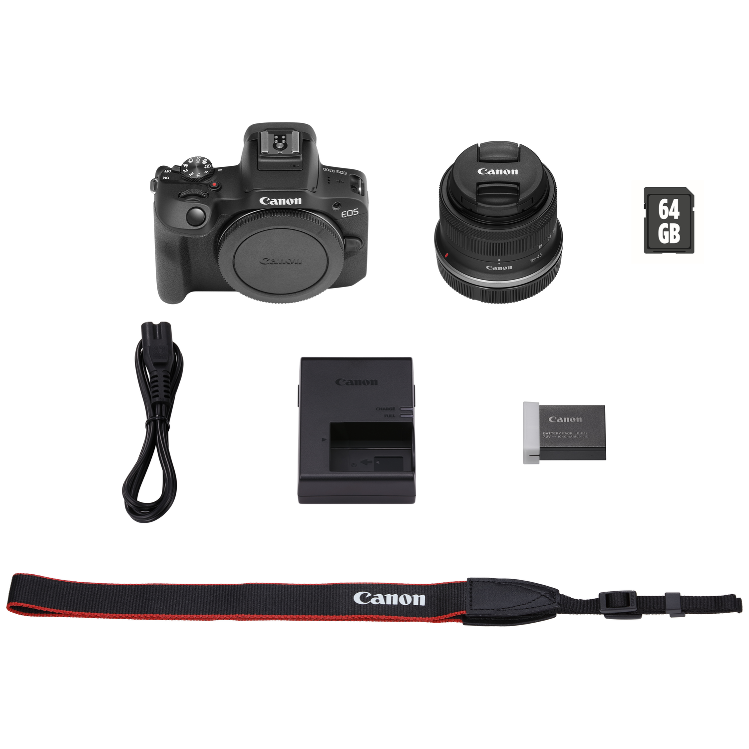 A Canon camera kit. It includes a camera body, lens, charger, battery, strap, and a 64GB memory card, all on a white background.