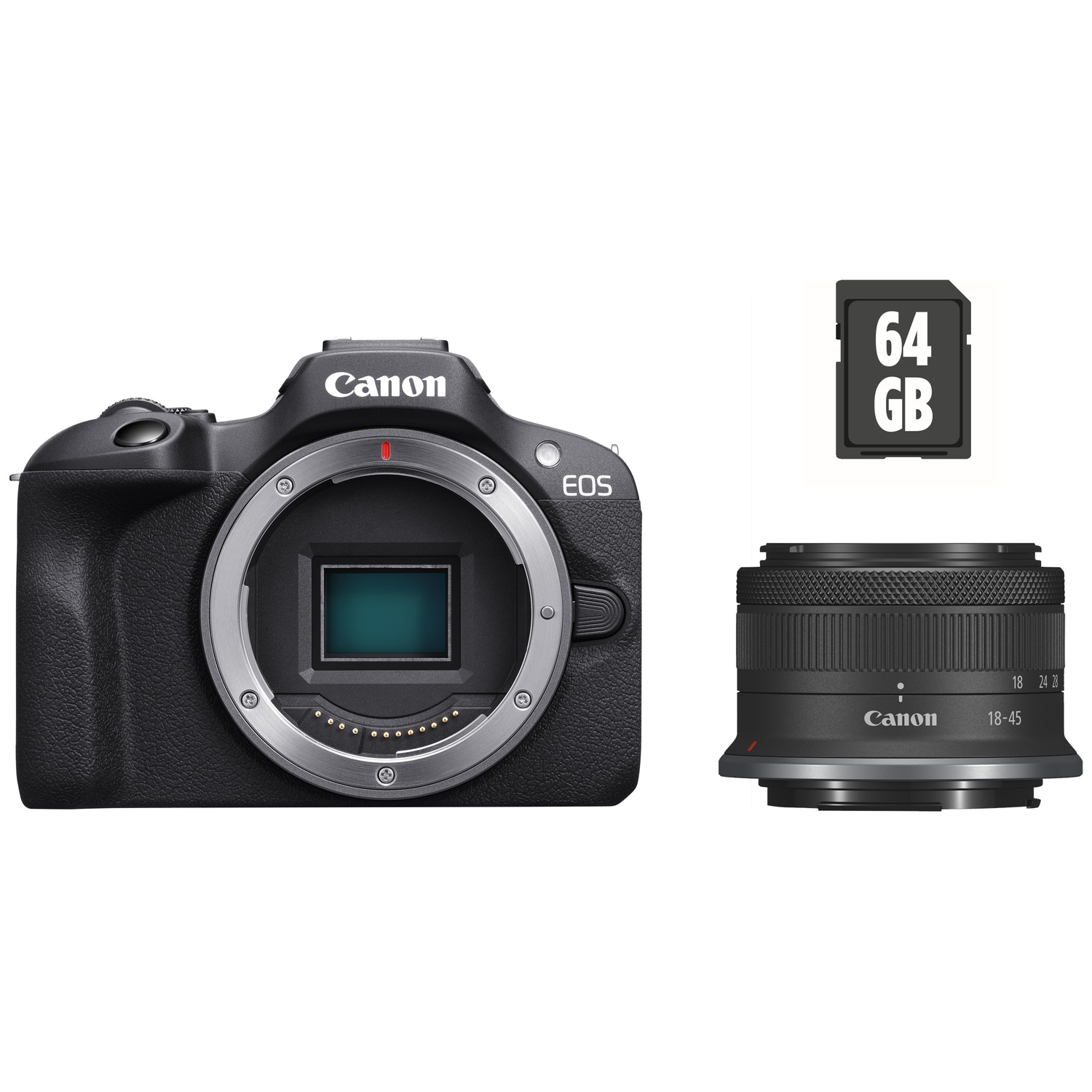 A black Canon EOS camera with a lens and a 64GB memory card on a white background. The lens is black, and the card is black.