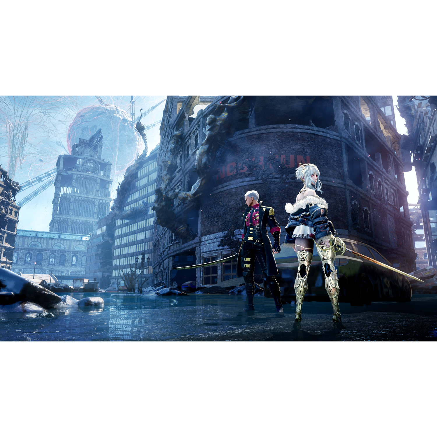 Twee anime-personages staan in een overstroomde, verwoeste stad. Gebouwen storten in en een grote bol is op de achtergrond.