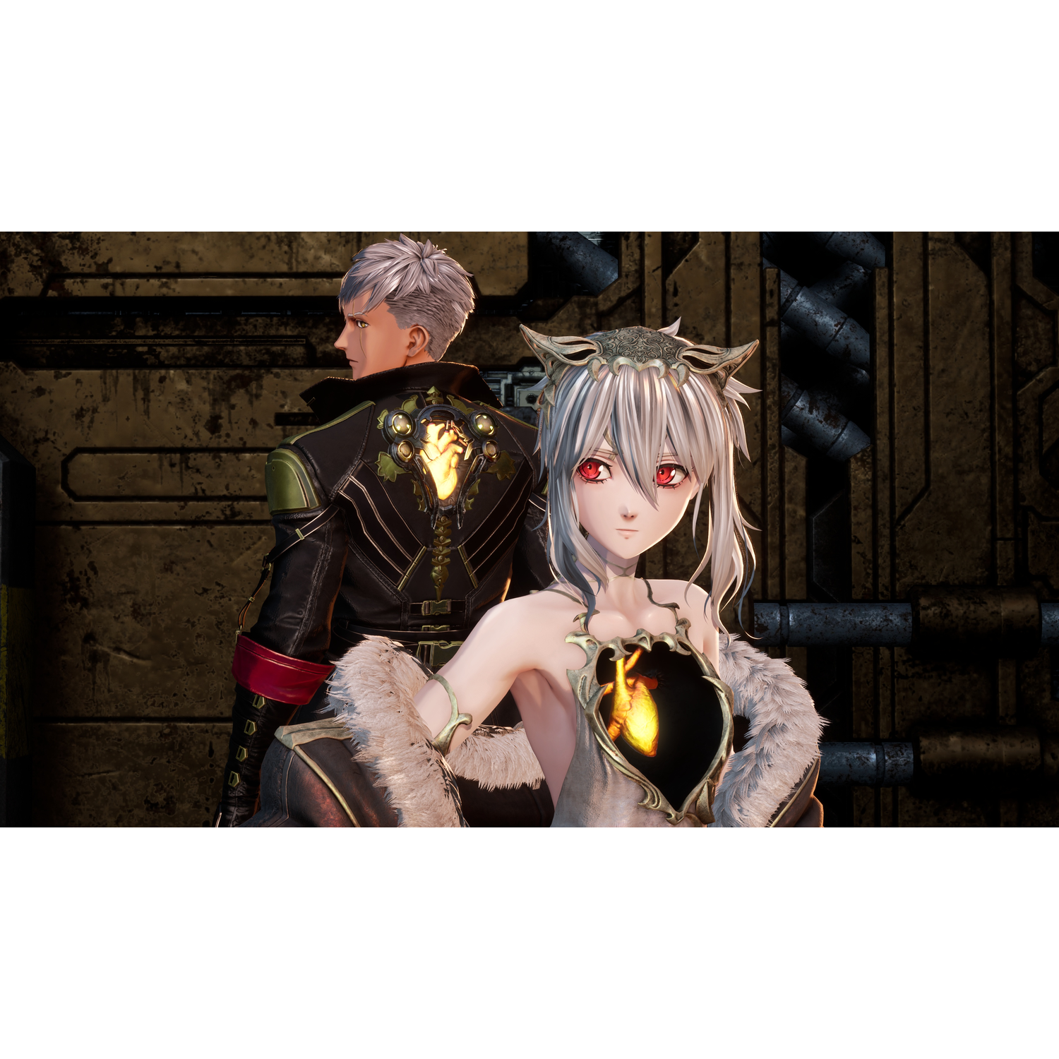 Twee anime-personages. Vrouw met wit haar en rode ogen. Man in zwarte jas met gouden hart. Achtergrond is een roestige muur.