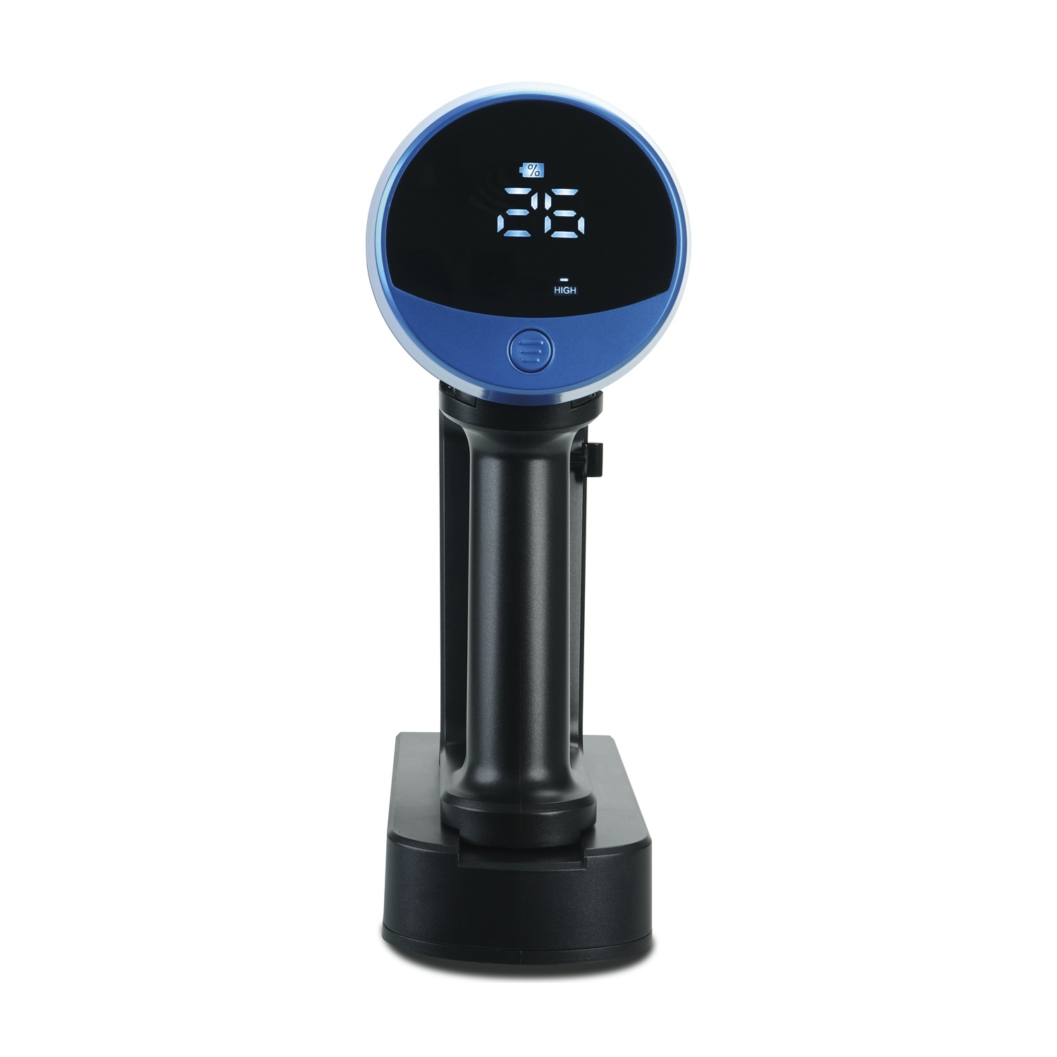 Un dispositivo per massaggio portatile nero e blu con schermo LCD che mostra il 36%. Si trova su una base di ricarica nera. Sfondo bianco.