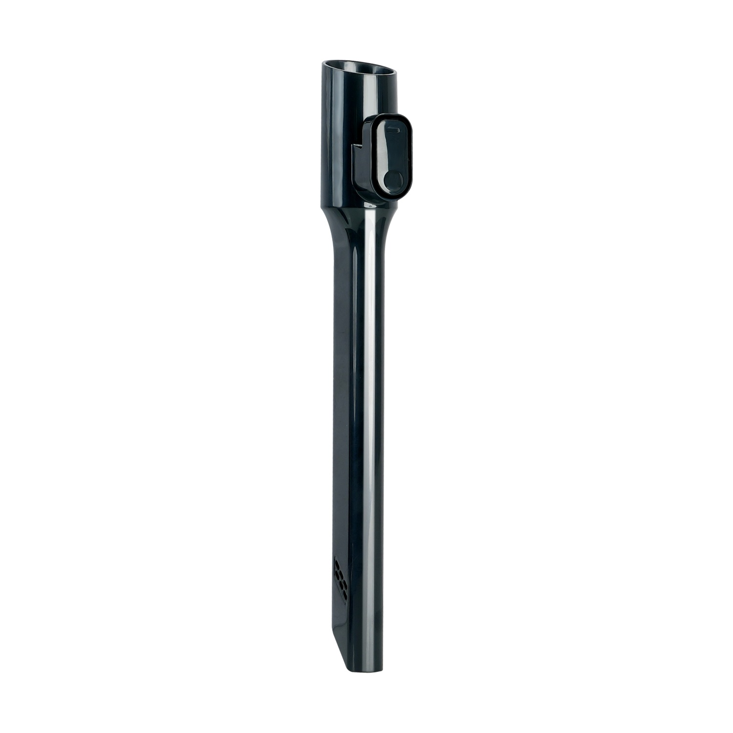 Un tubo di prolunga nero per aspirapolvere su sfondo bianco. Ha un pulsante e delle fessure di ventilazione.