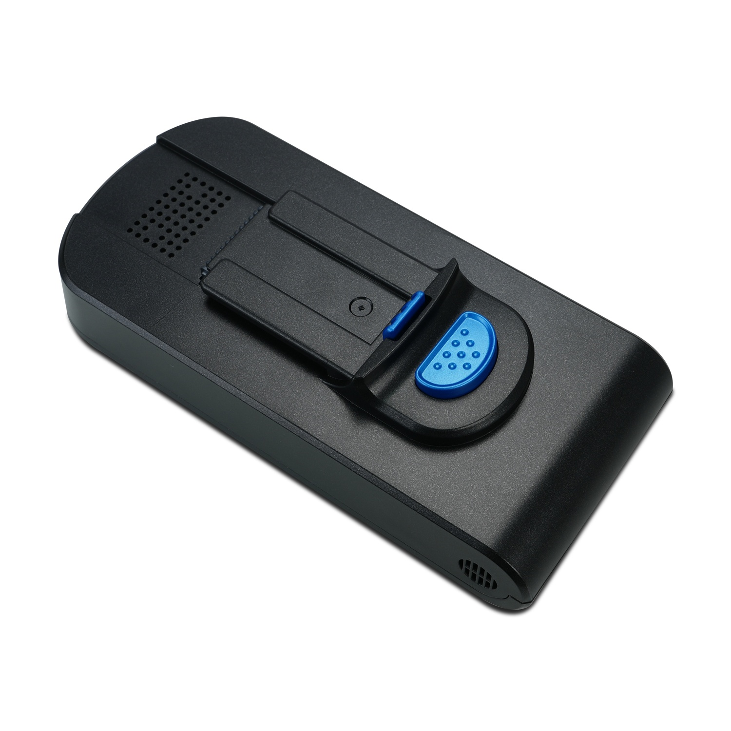 Un pacco batteria nero per aspirapolvere. Ha un pulsante blu e una maniglia nera. La batteria è su sfondo bianco.