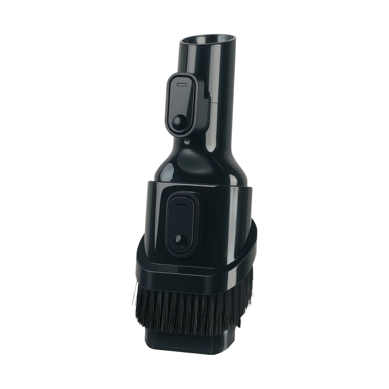 Un accessorio nero per aspirapolvere con spazzola. Ha forma cilindrica, con pulsanti e spazzola in basso.