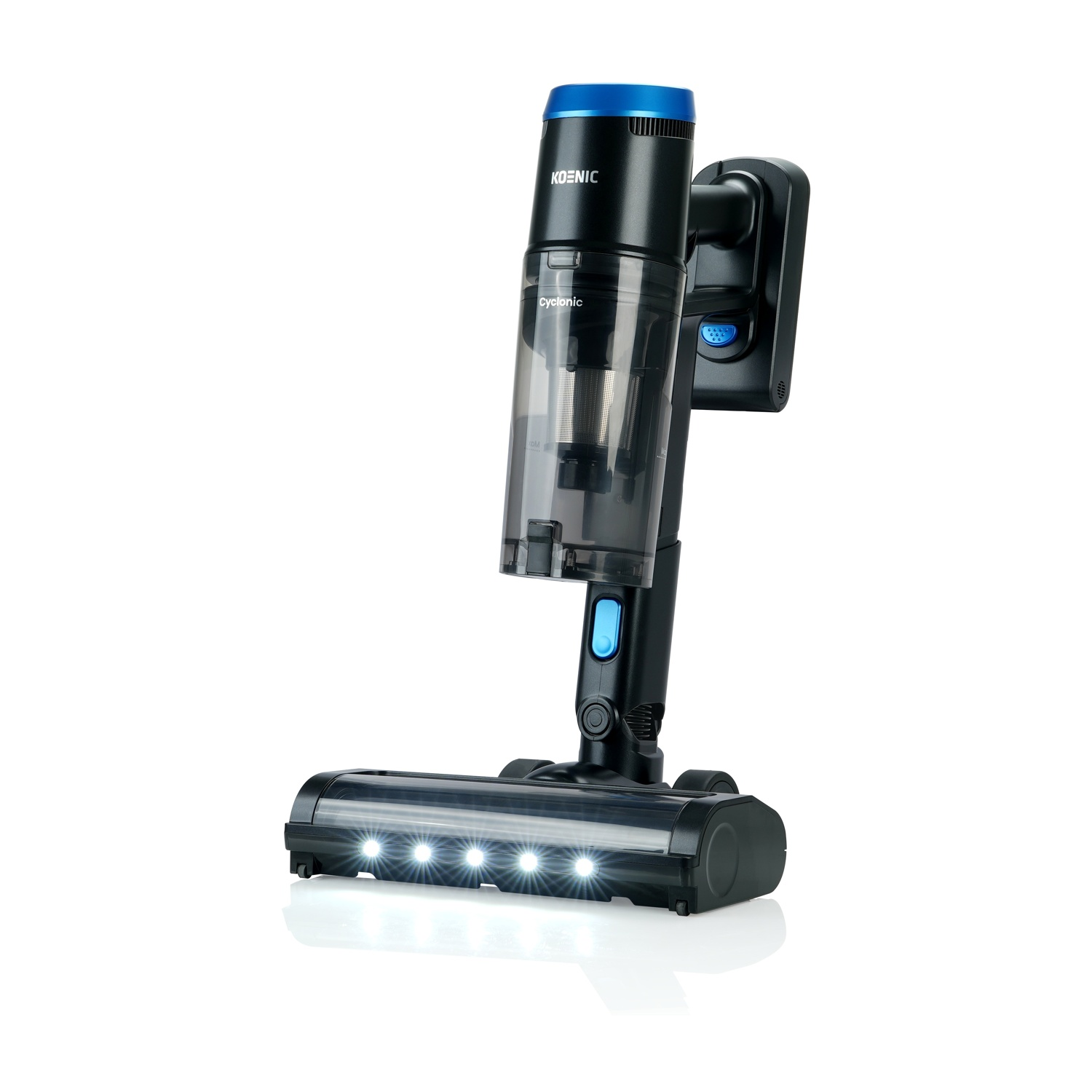 Un aspirapolvere senza fili Koenic nero e blu. Ha un contenitore per la polvere trasparente e una testina con luci.