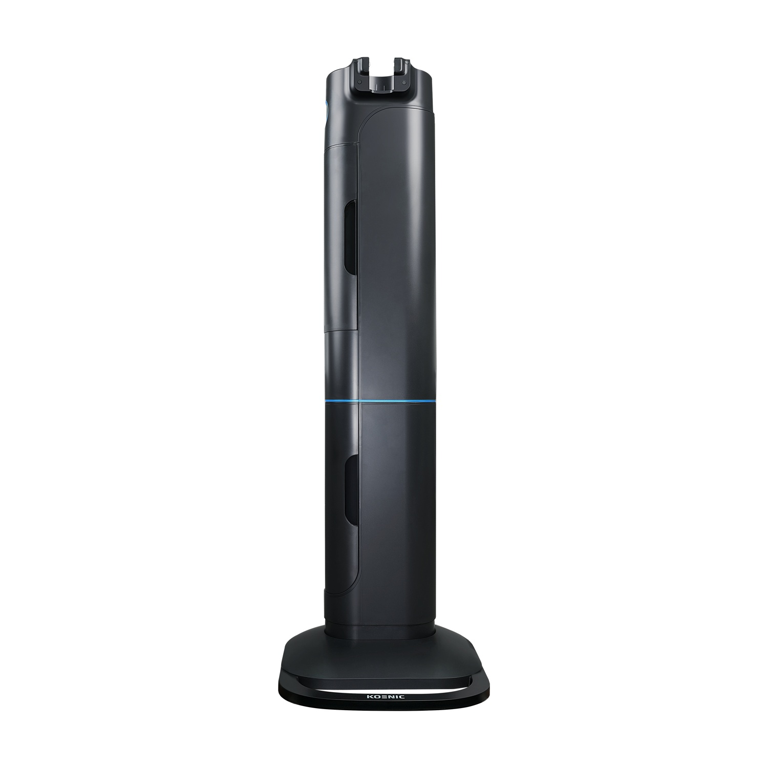 Una stazione di ricarica per aspirapolvere robot KOSNIC nera. È alta, con una base curva e uno slot in alto. Ha una linea blu.