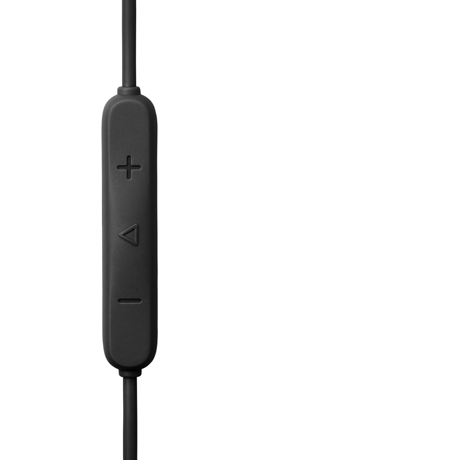 Gros plan sur un module de commande de casque noir. Il comporte des boutons plus, triangle et moins sur fond blanc.
