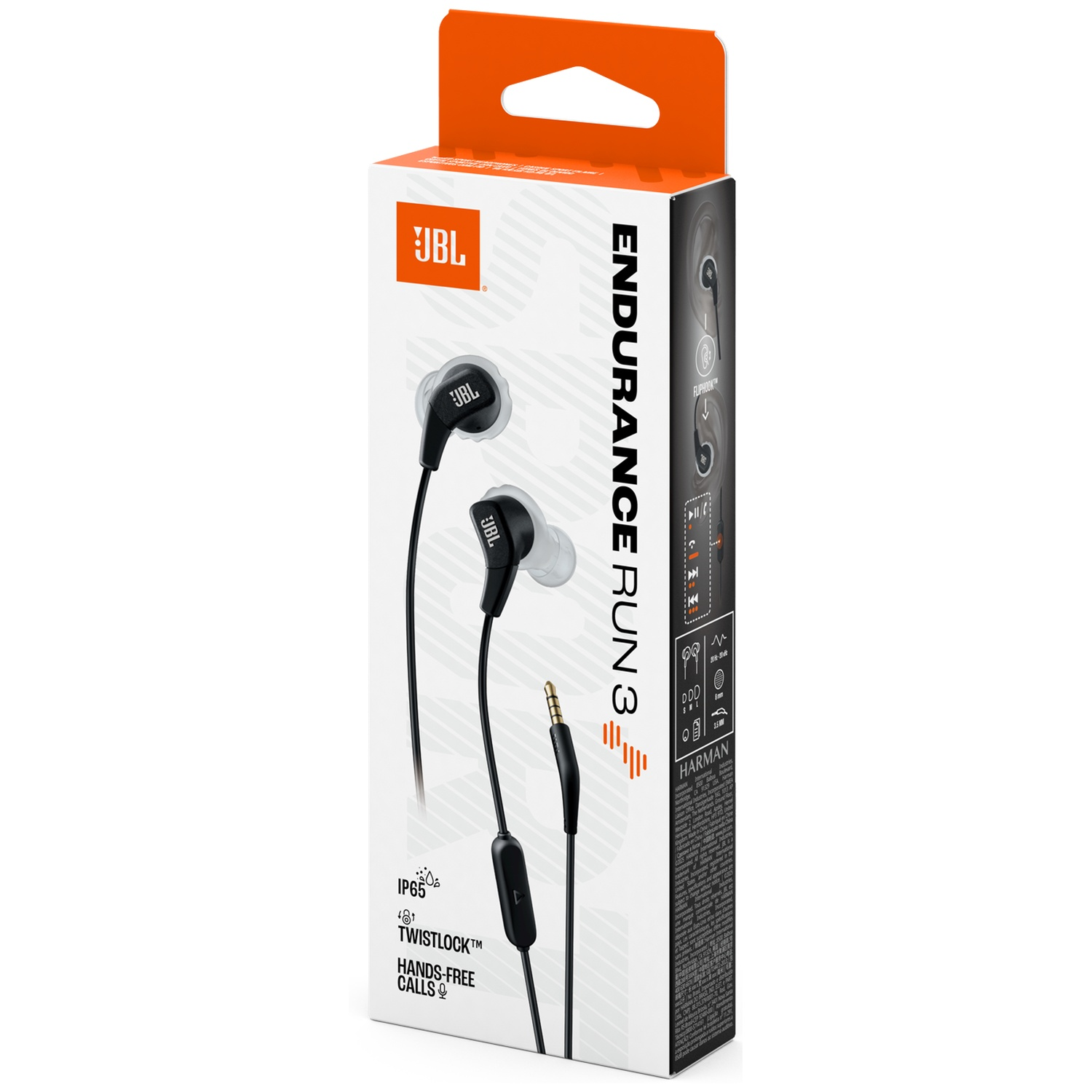 Une boîte avec des écouteurs JBL Endurance Run 3. La boîte est blanche et orange avec le logo JBL.