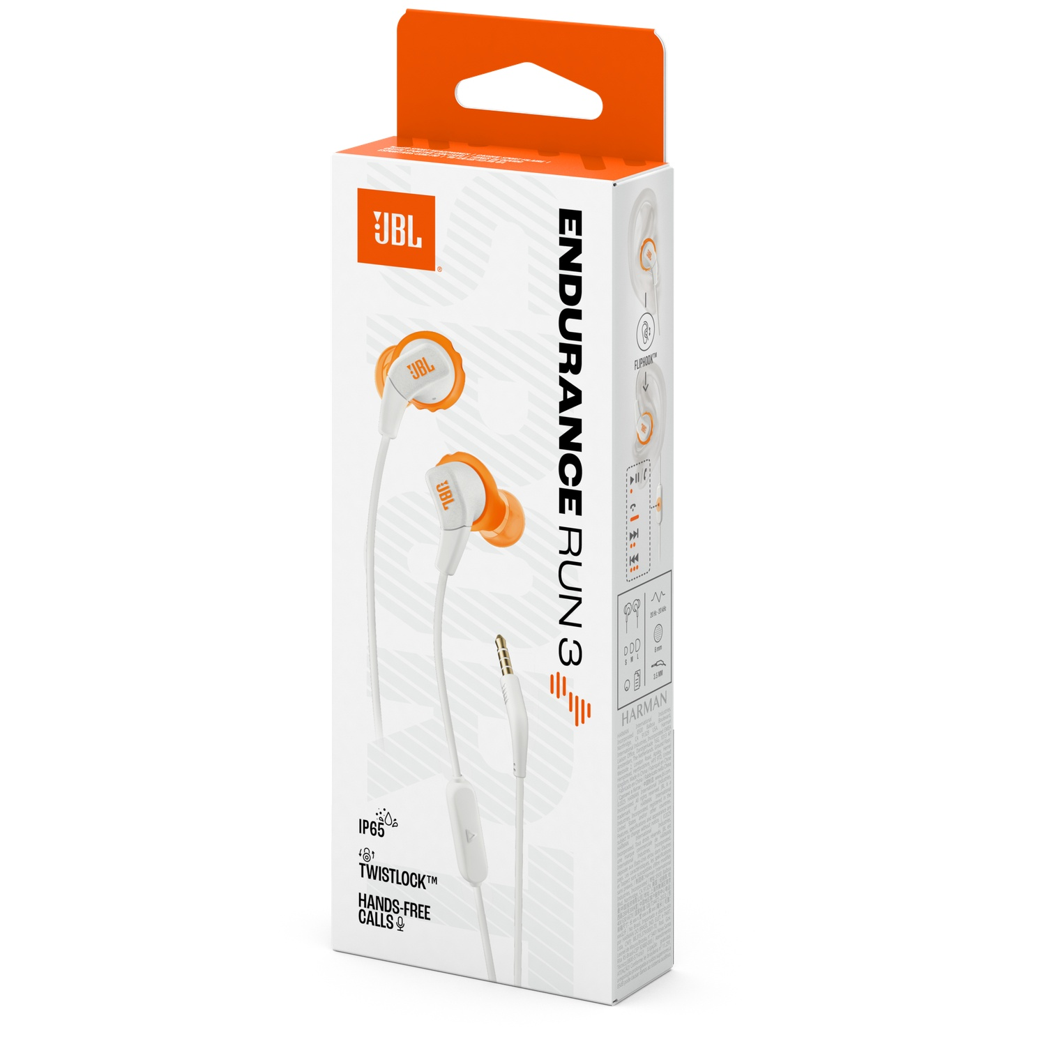 JBL Endurance Run 3 oortelefoons in wit en oranje verpakking. Functies: Twistlock, handsfree bellen en IP65-classificatie.
