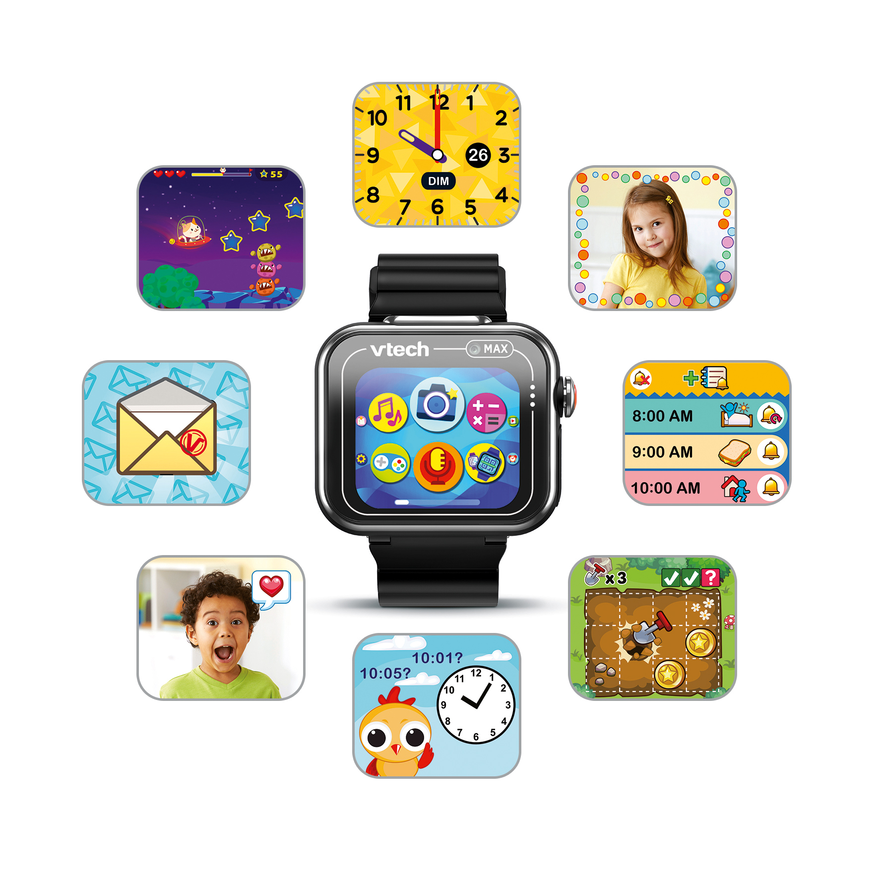 Un reloj inteligente Vtech muestra varias aplicaciones. Alrededor del reloj hay imágenes de una niña, un niño y diferentes iconos de aplicaciones.