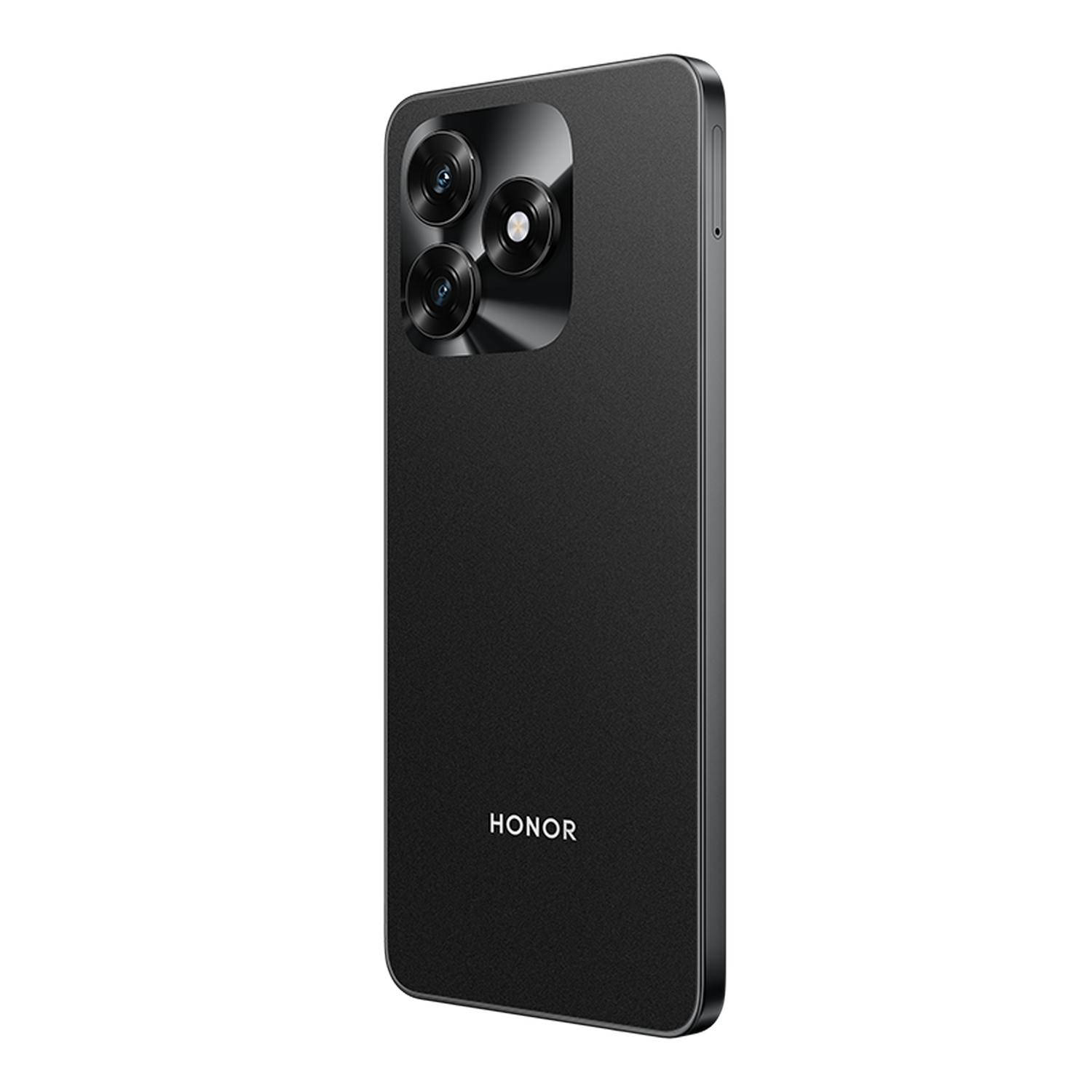 Smartphone HONOR negro, cámara de triple lente, diseño curvo, fondo gris. Logotipo HONOR en la parte inferior.