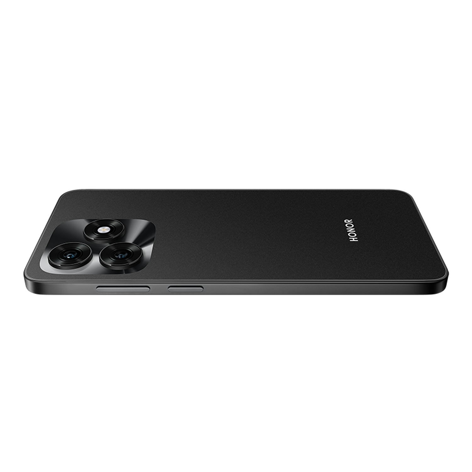 Smartphone HONOR negro con múltiples cámaras traseras, sobre una superficie gris. El logo HONOR es visible en la parte trasera.