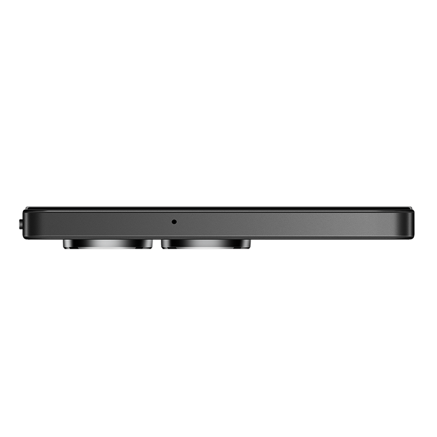 Vista lateral de un smartphone negro. Se ven dos lentes de cámara. El teléfono está sobre un fondo gris.