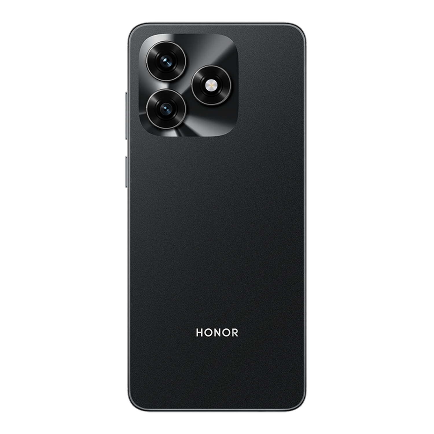 Parte trasera de smartphone HONOR negro. Triple cámara arriba, logo HONOR abajo, sobre fondo gris.