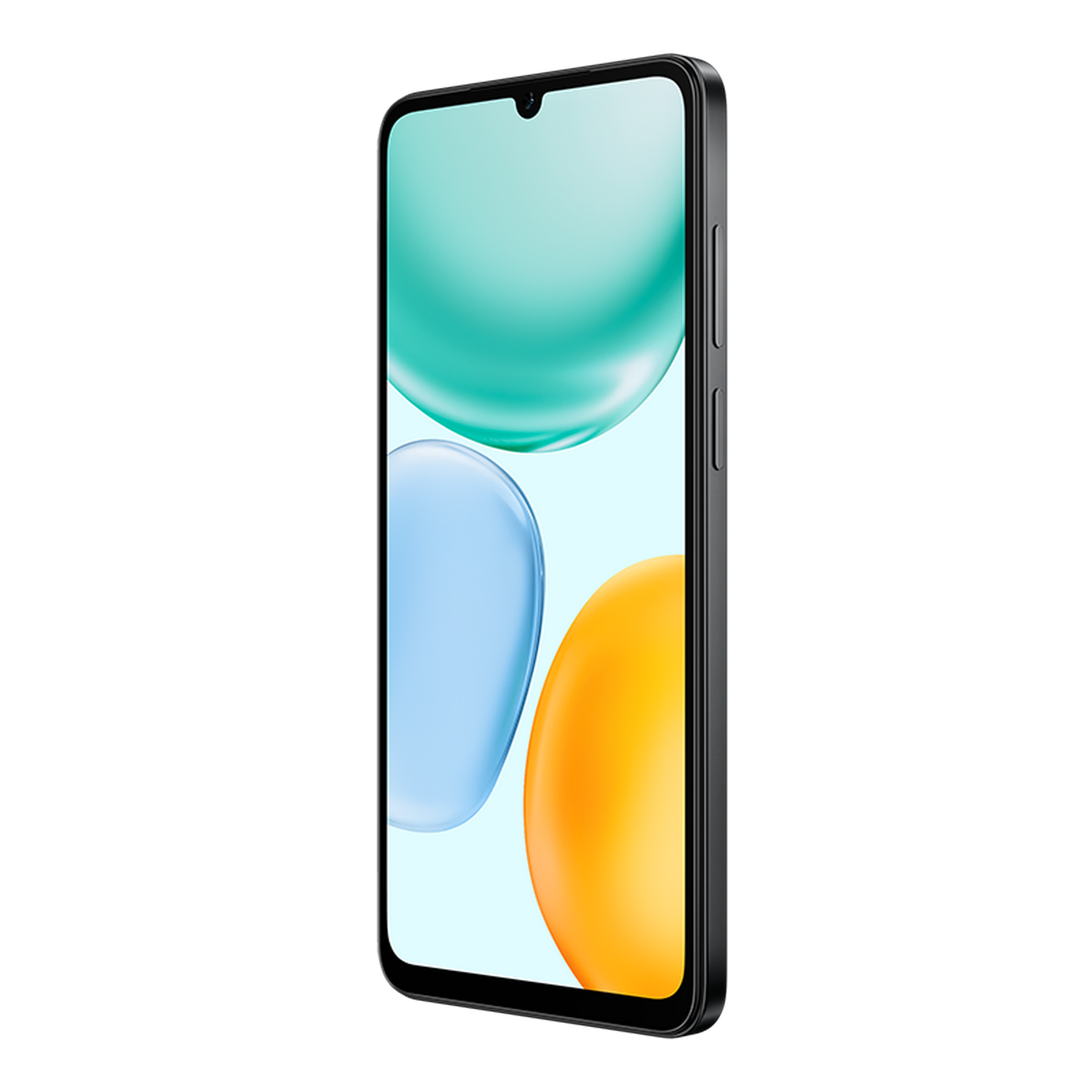 Un teléfono inteligente negro está en ángulo hacia la derecha, mostrando una pantalla con formas abstractas en verde azulado, azul claro y naranja sobre un fondo gris.
