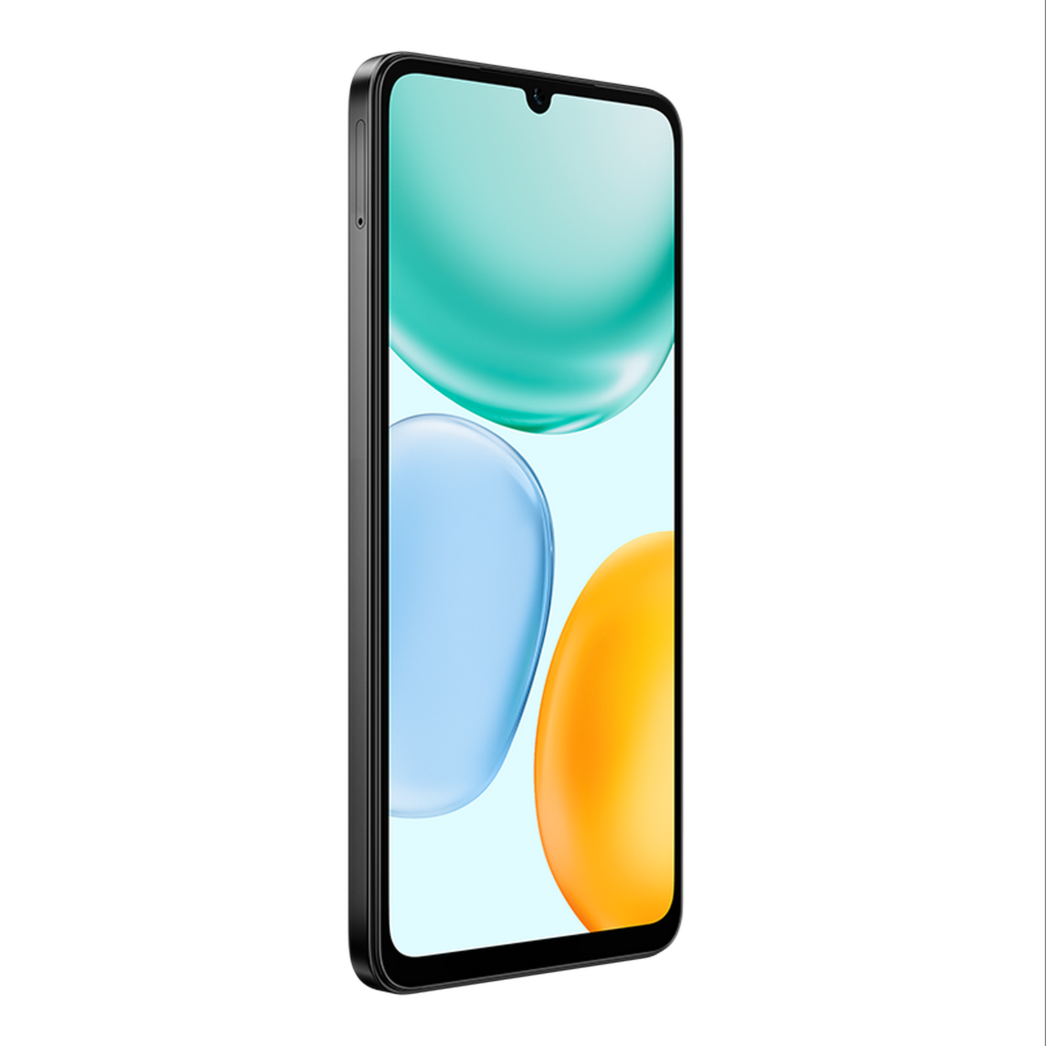 Un smartphone negro, vista lateral, muestra formas de gradiente de colores. El fondo es gris sólido.
