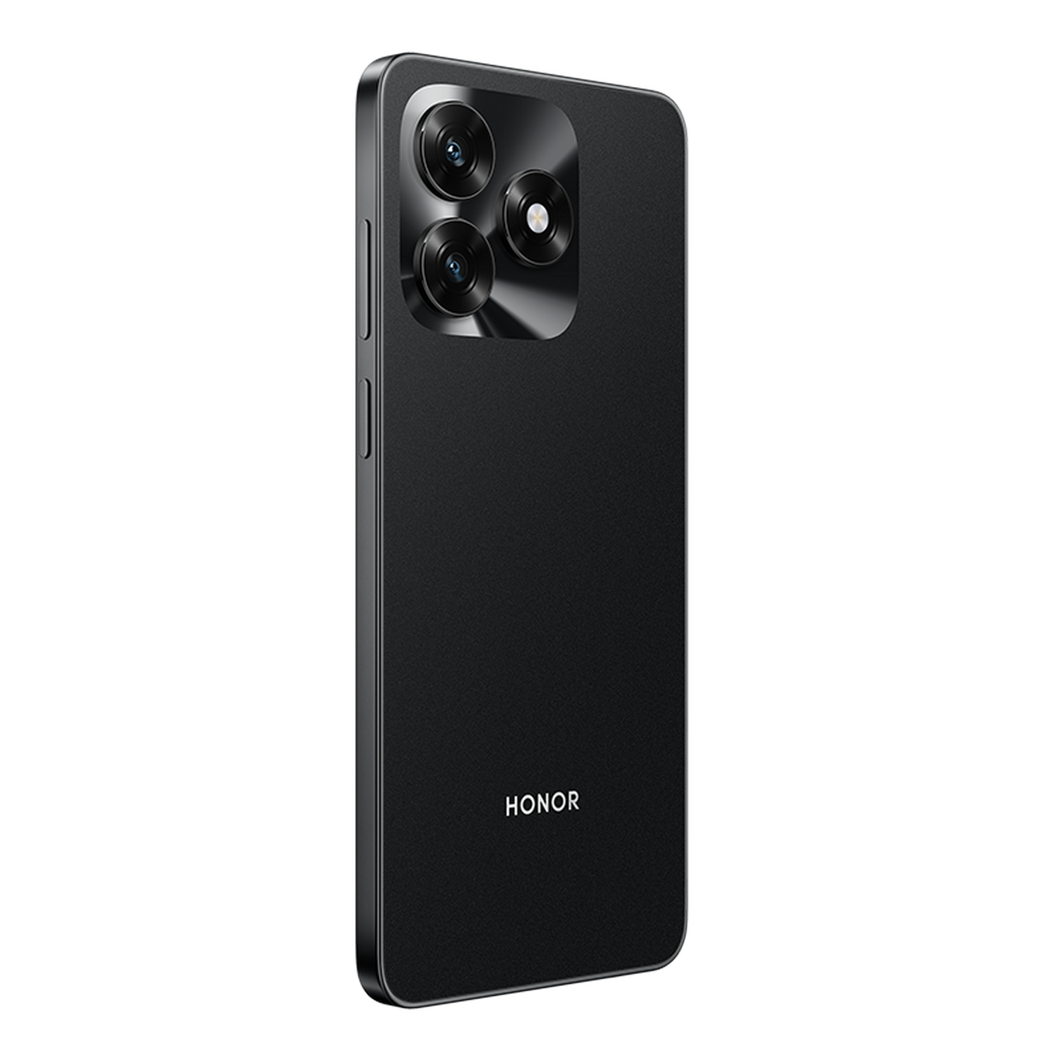 Smartphone Honor negro con tres cámaras traseras. Logotipo HONOR abajo. Fondo gris.
