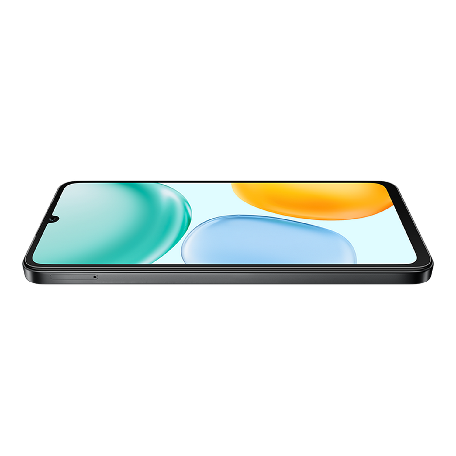 Un teléfono inteligente negro se muestra horizontalmente. La pantalla muestra formas coloridas y abstractas sobre un fondo azul claro. Fondo gris.