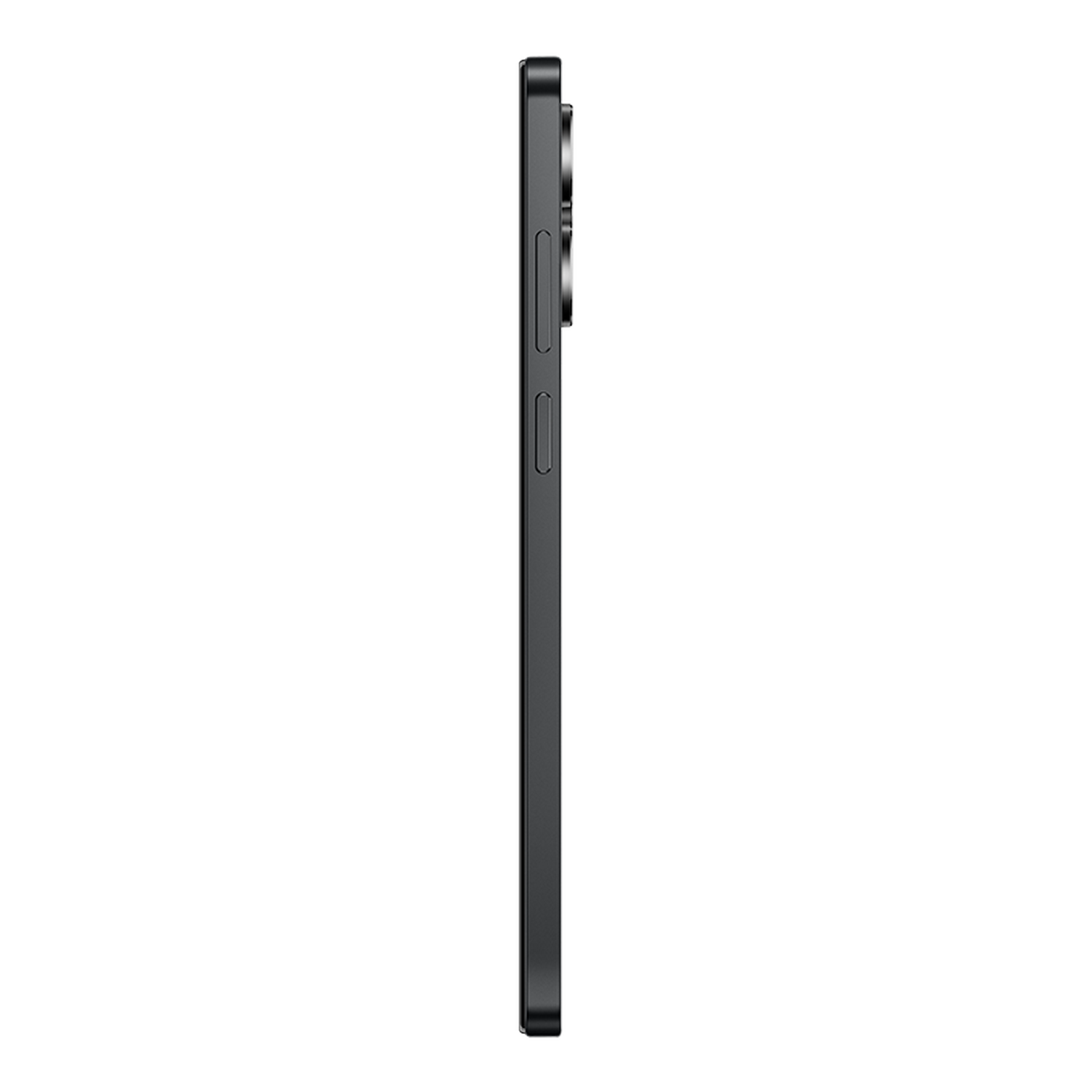 Vista lateral de un smartphone negro. El teléfono tiene botones de volumen y encendido/apagado. El fondo es gris uniforme.