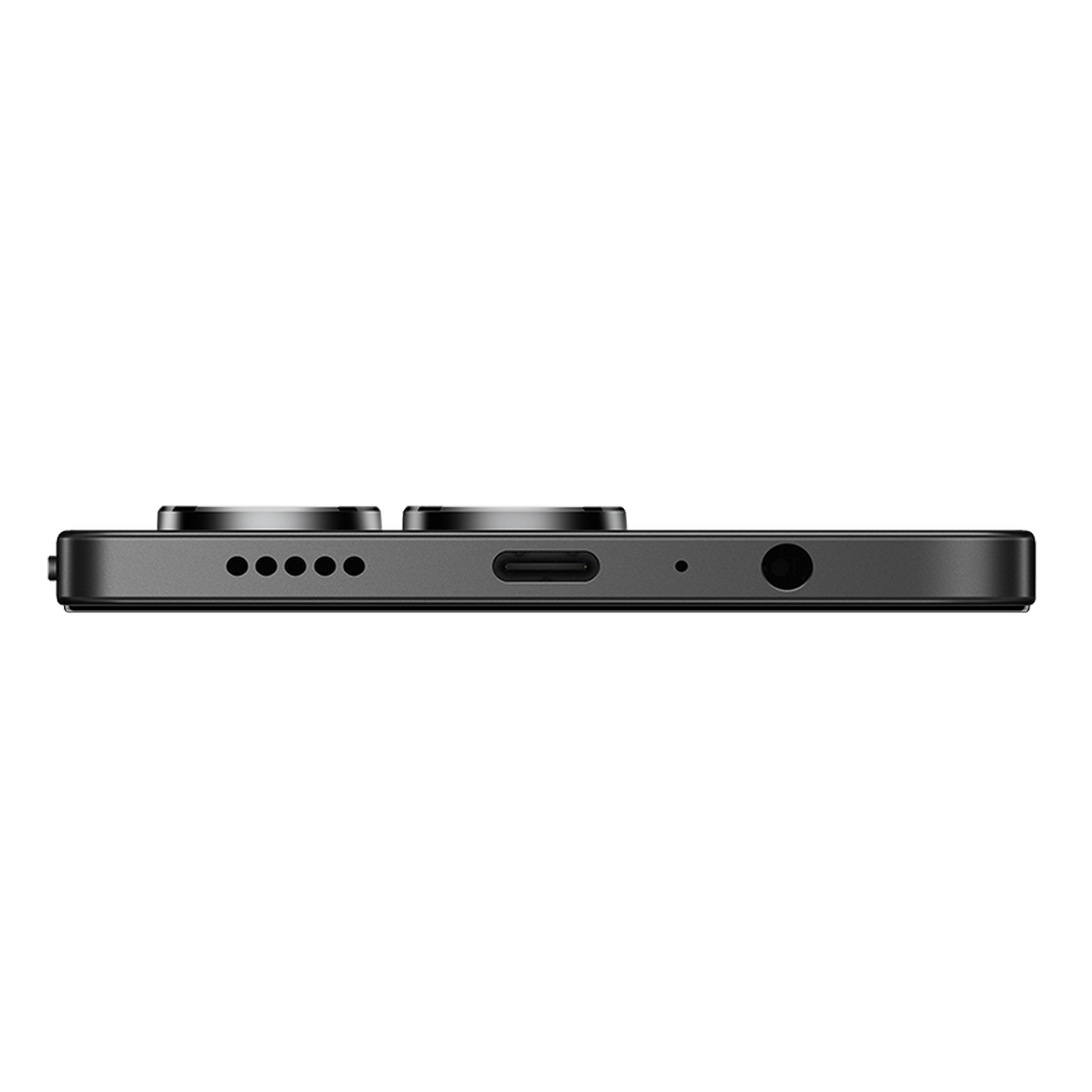 Vista lateral de un smartphone negro. Se ven lentes de cámara, orificios para altavoces, un puerto de carga, un micrófono y una toma de auriculares.