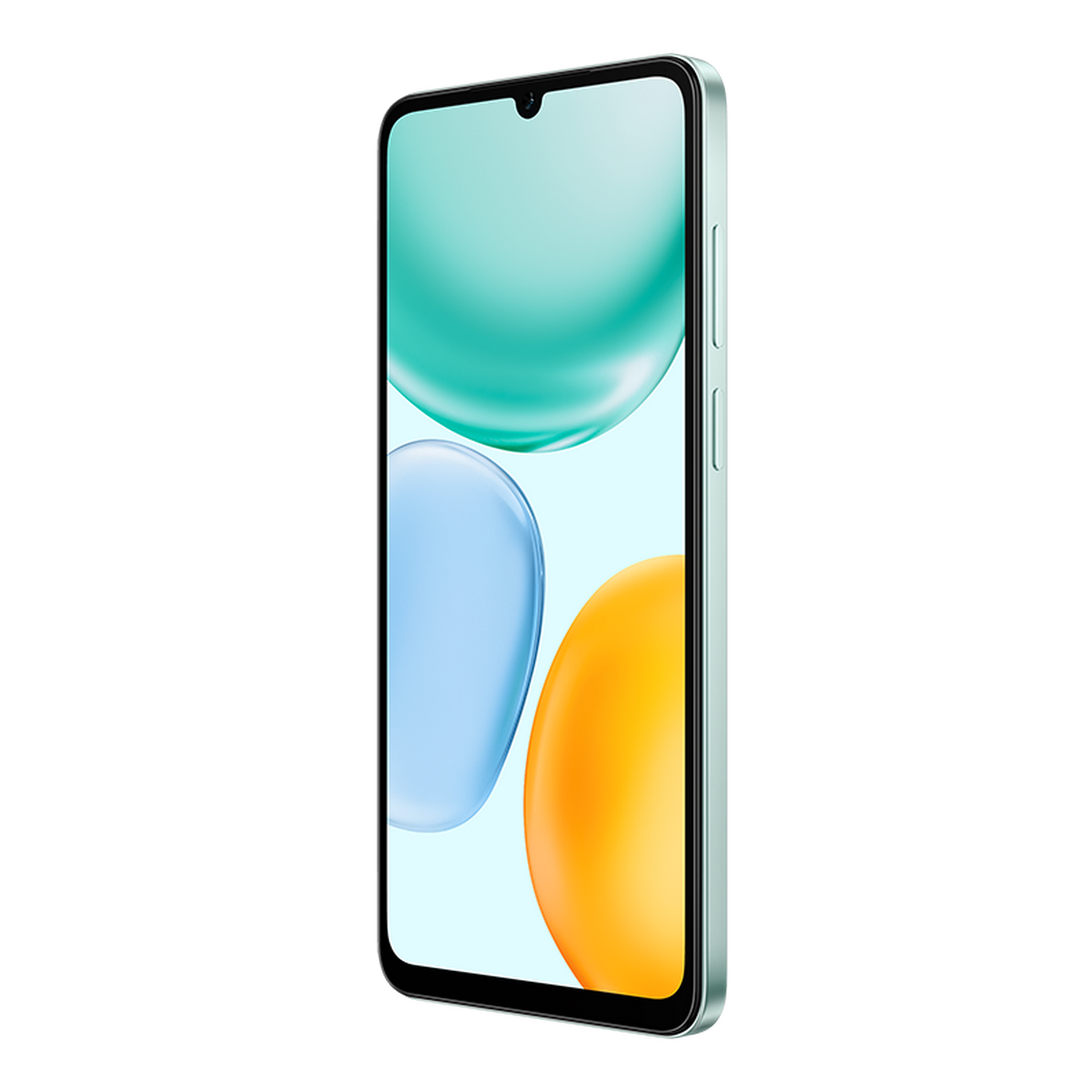 Un teléfono inteligente verde menta con una pantalla que muestra esferas turquesas, azules y naranjas. Está en ángulo hacia la derecha sobre un fondo gris.