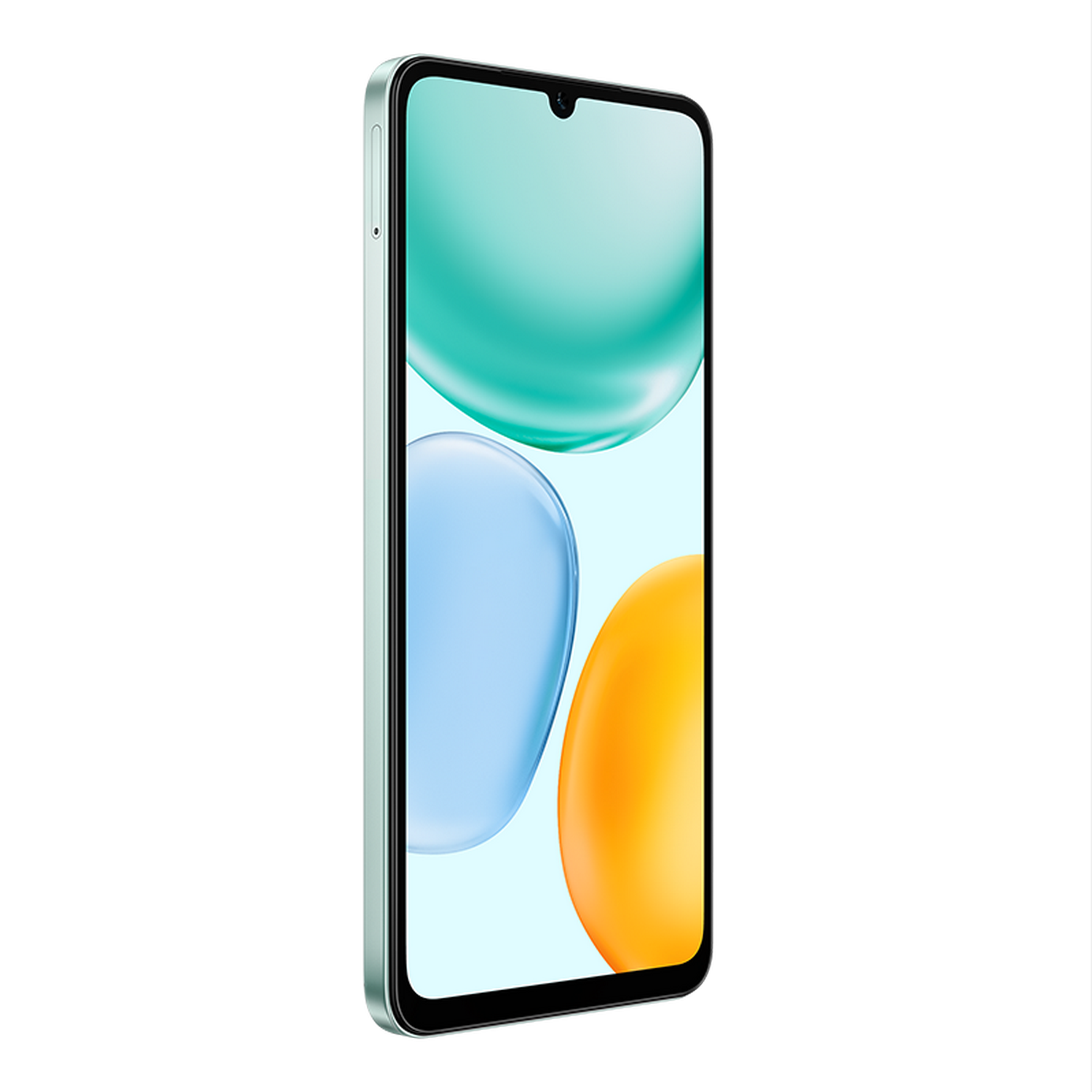 Un teléfono inteligente verde menta que muestra formas abstractas de color verde azulado, azul y naranja en su pantalla, sobre un fondo gris.