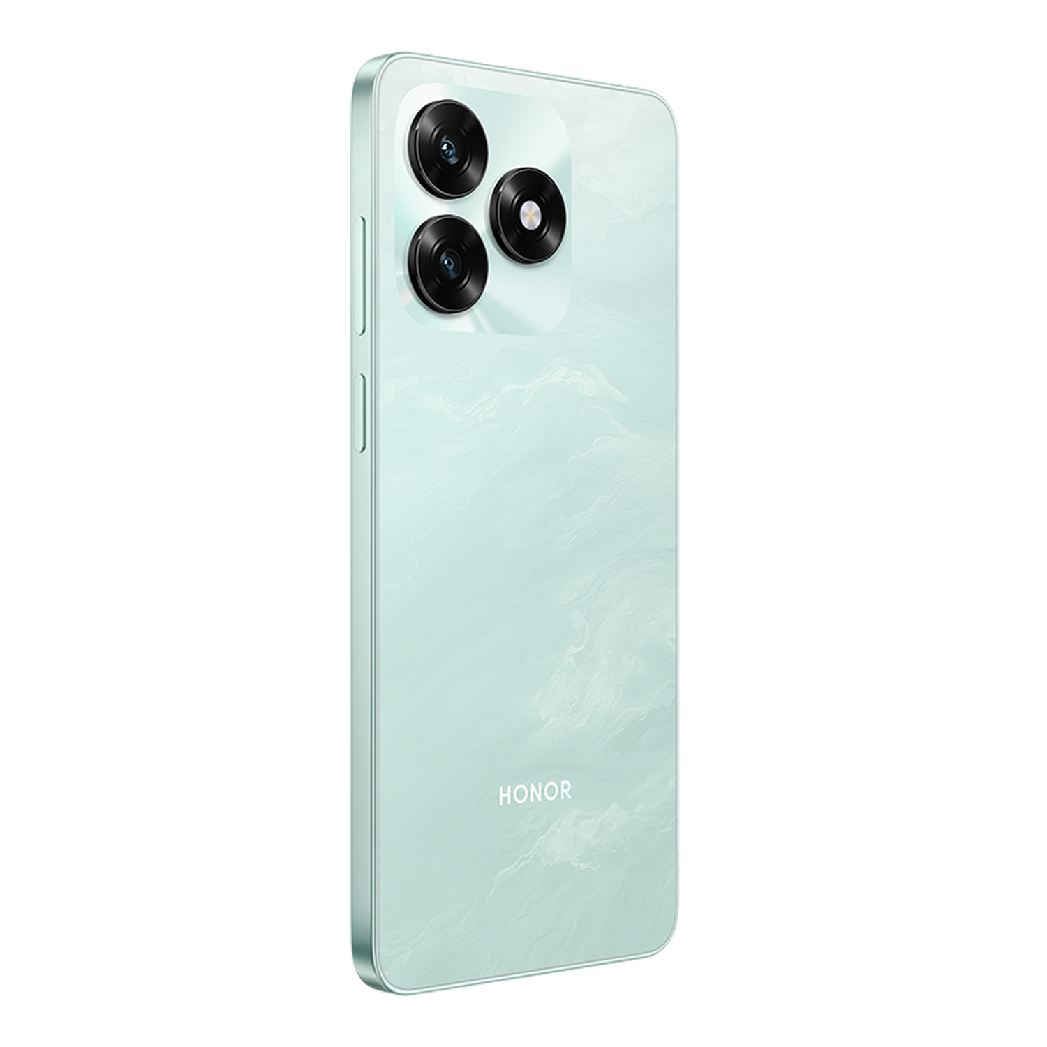 Un teléfono inteligente verde claro con tres lentes de cámara. La parte trasera muestra un patrón veteado. La palabra 'HONOR' abajo.