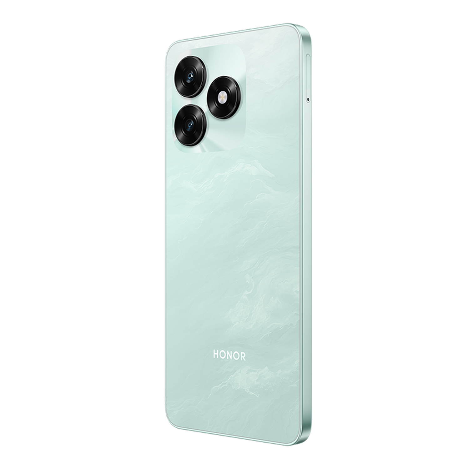 Un smartphone verde claro con tres lentes de cámara, marco plateado y el logo 'HONOR'. El fondo es gris liso.