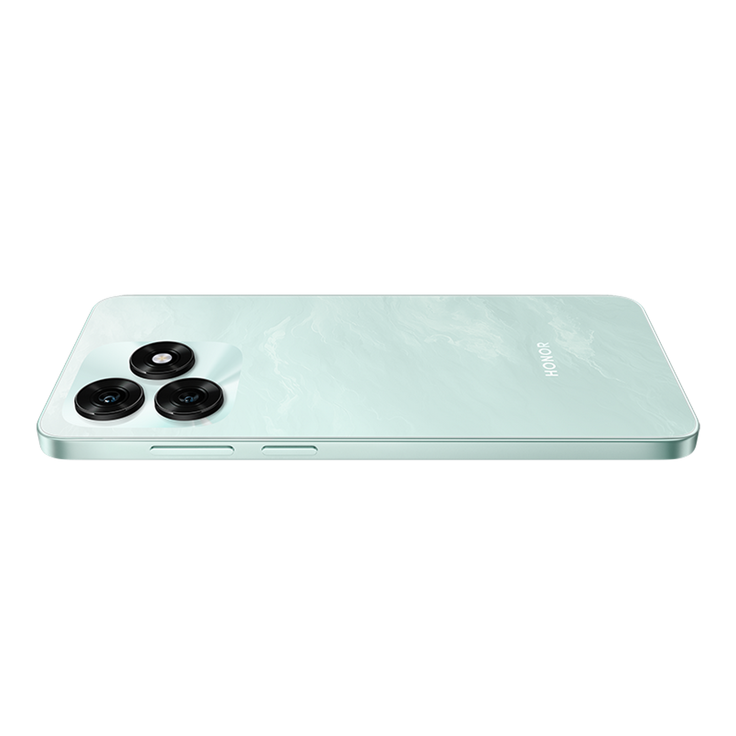 Un teléfono inteligente verde claro con tres lentes de cámara. El teléfono está sobre un fondo gris. La palabra HONOR es visible.