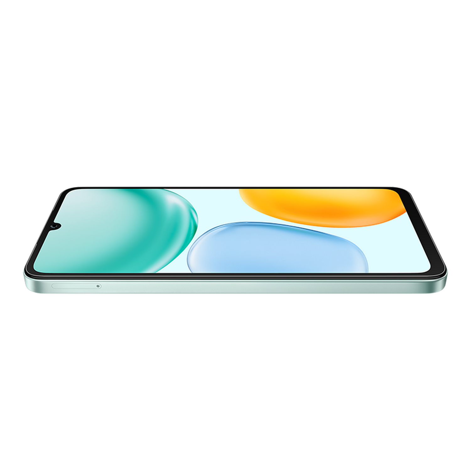 Un smartphone con marco verde claro, la pantalla muestra formas azules, turquesas y naranjas sobre un fondo gris.