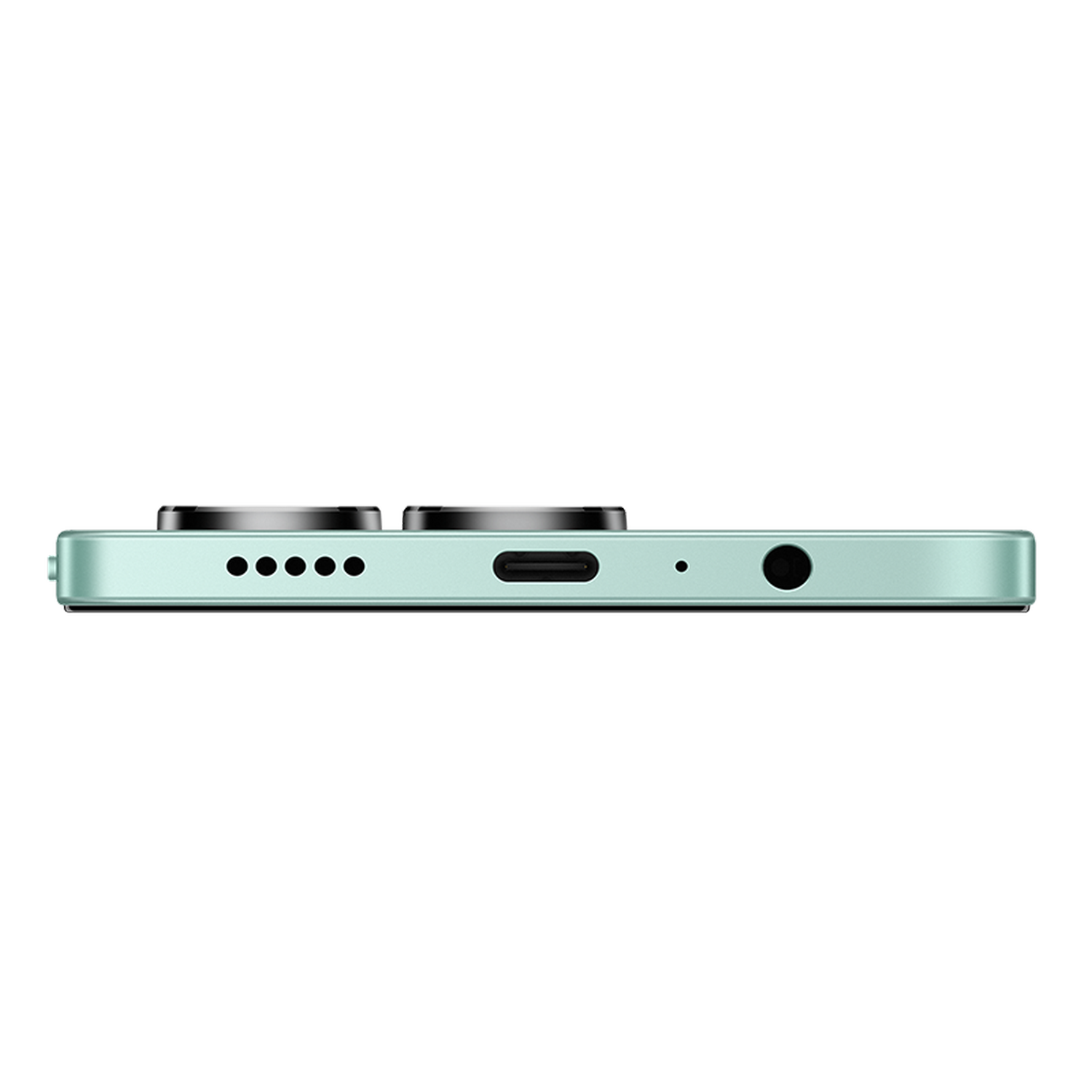 Vista lateral de un smartphone verde menta. Se ven lentes de cámara, orificios de altavoz, un puerto de carga y un conector para auriculares, sobre fondo gris.
