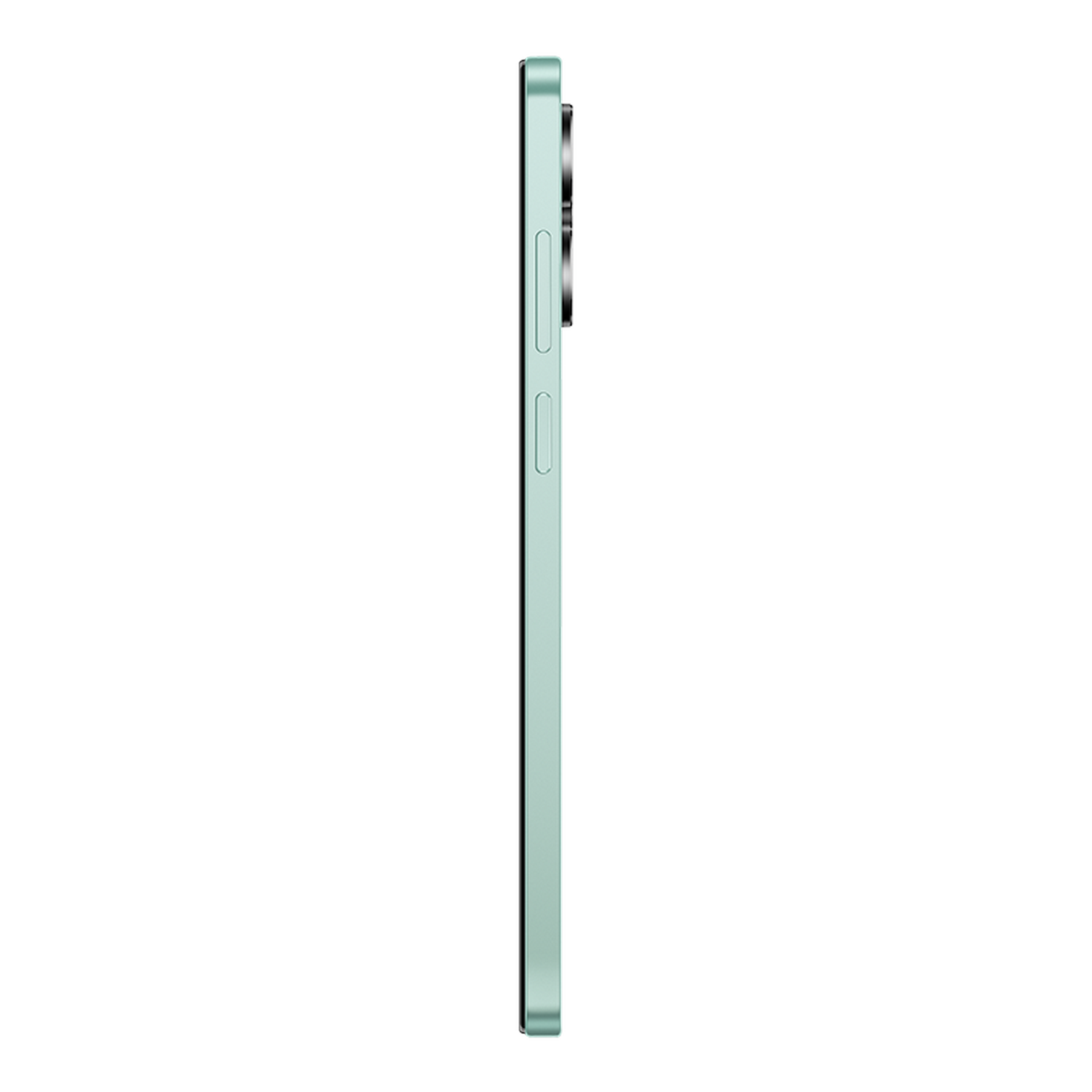 Vista lateral de un teléfono inteligente verde menta. El teléfono tiene botones de volumen y una protuberancia de la cámara. Está sobre un fondo gris.